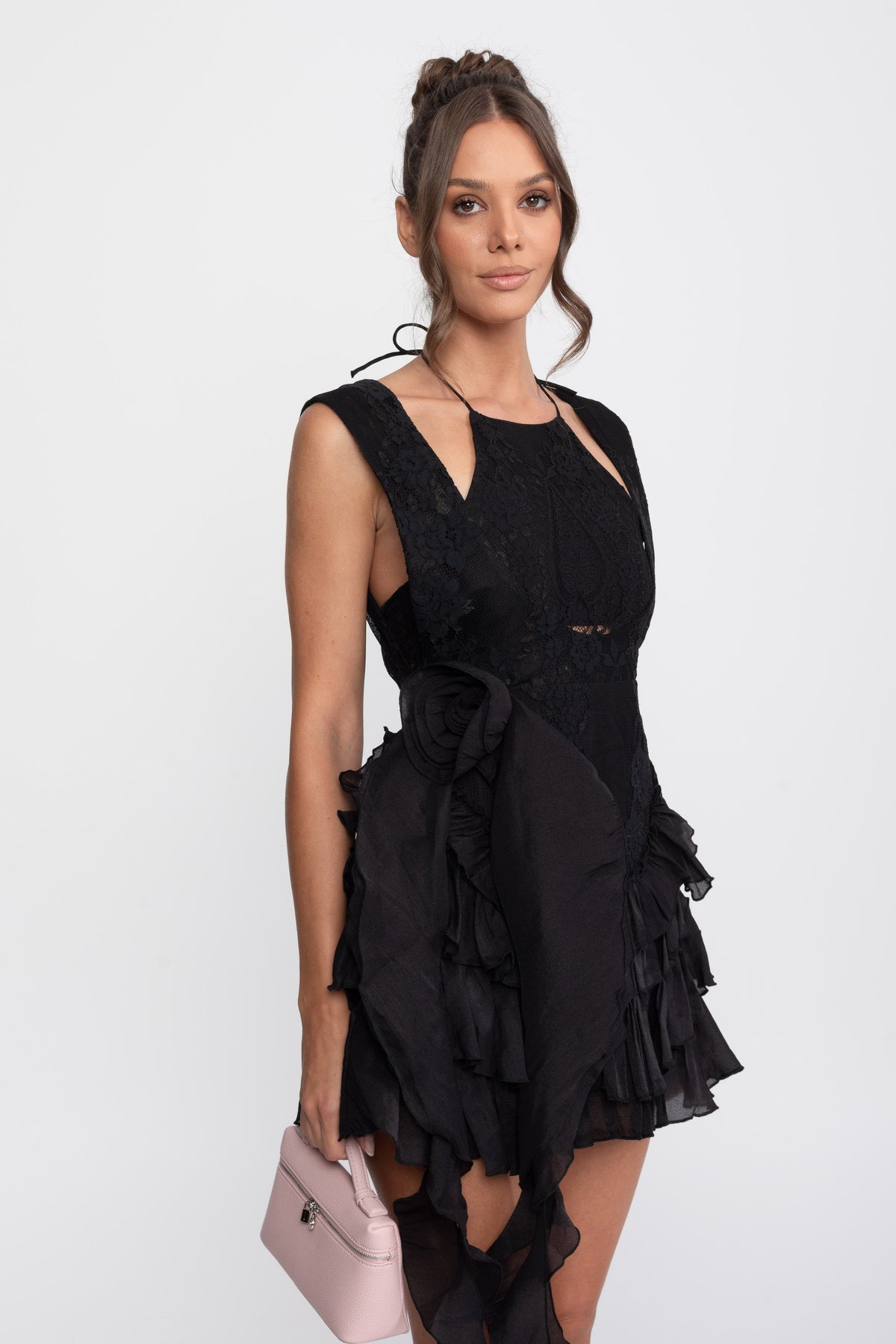 Lace Halter Rosette Mini Dress with Tiered Chiffon Ruffle Skirt – Black – view 4