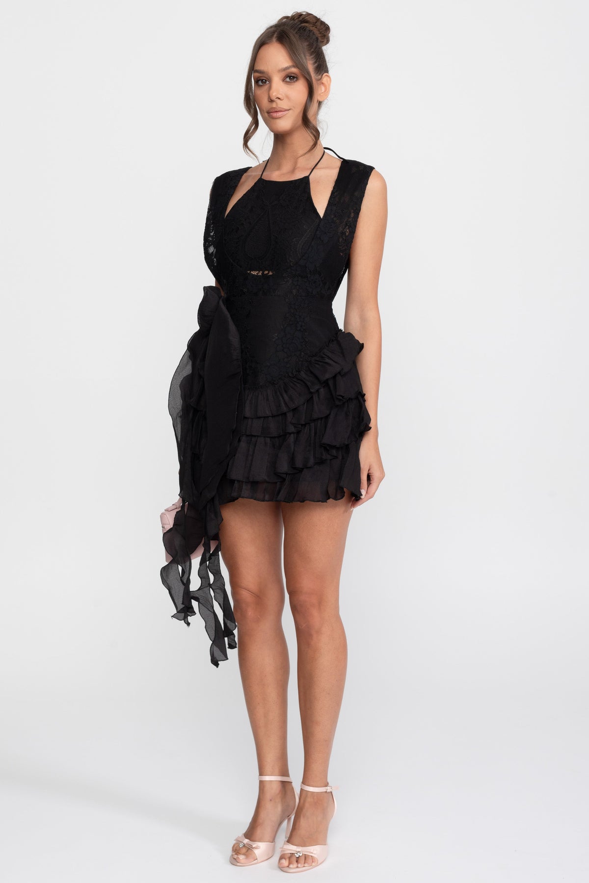 Lace Halter Rosette Mini Dress with Tiered Chiffon Ruffle Skirt – Black – view 3