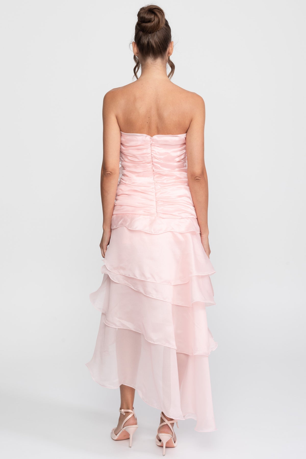 Strapless Satin Rosette Dress with Petal Hem and Front Slit – Pink – view 6