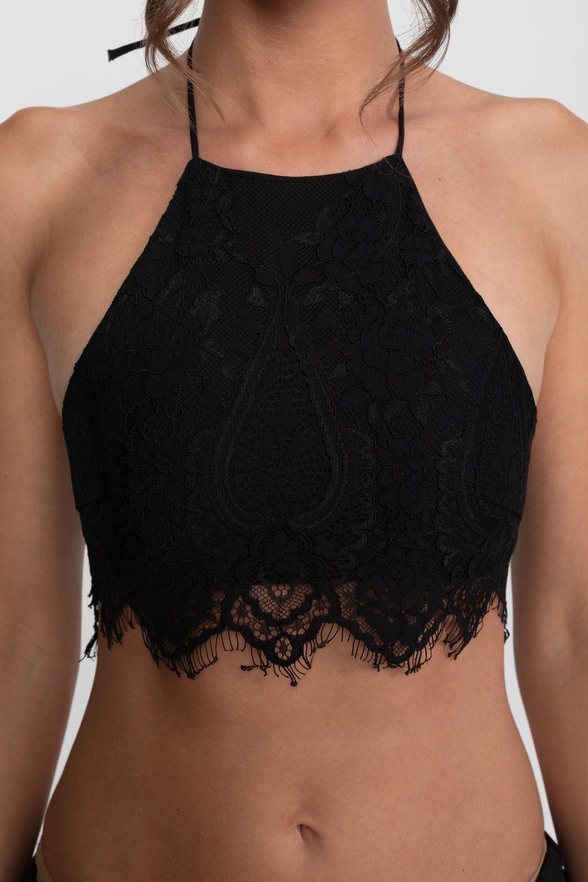 Lace Halter Rosette Mini Dress with Tiered Chiffon Ruffle Skirt – Black – view 11