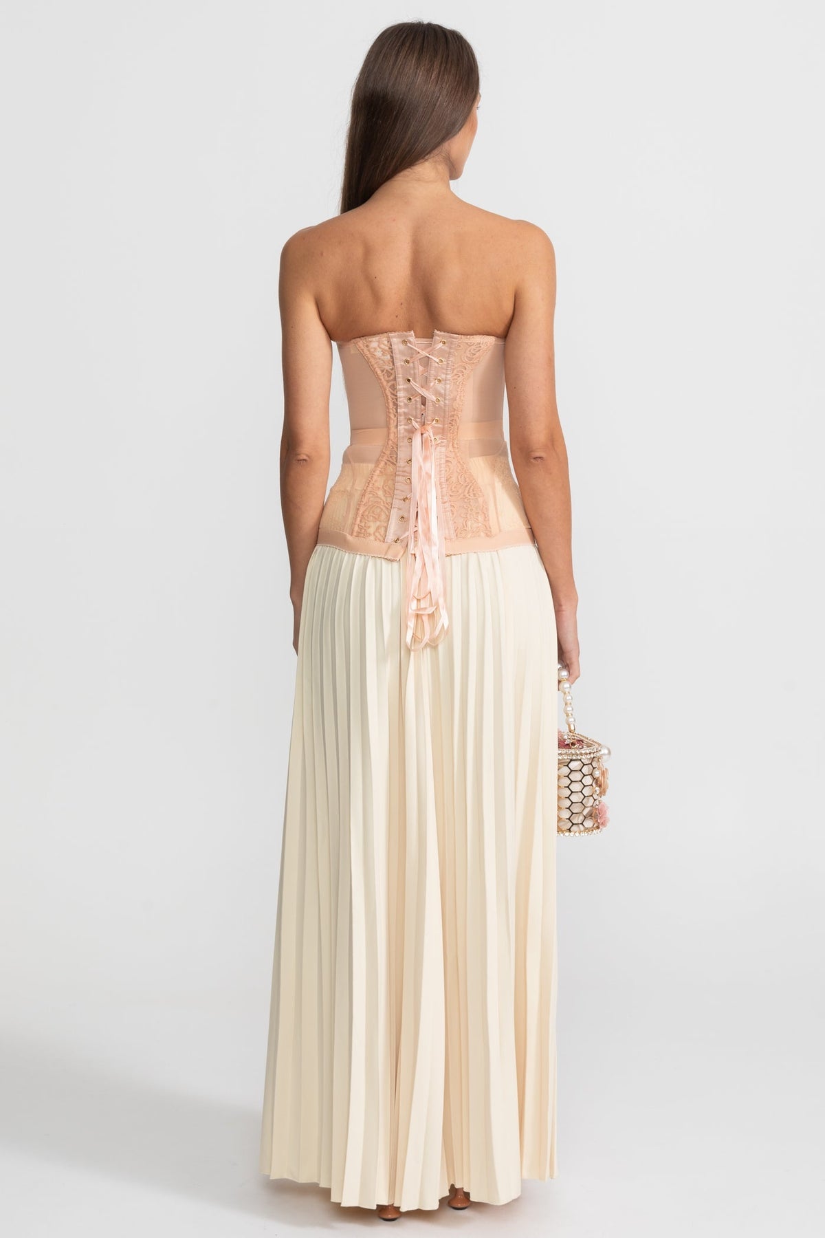 Embroidered Lace Strapless Corset Top with Boning – Nude – view 9