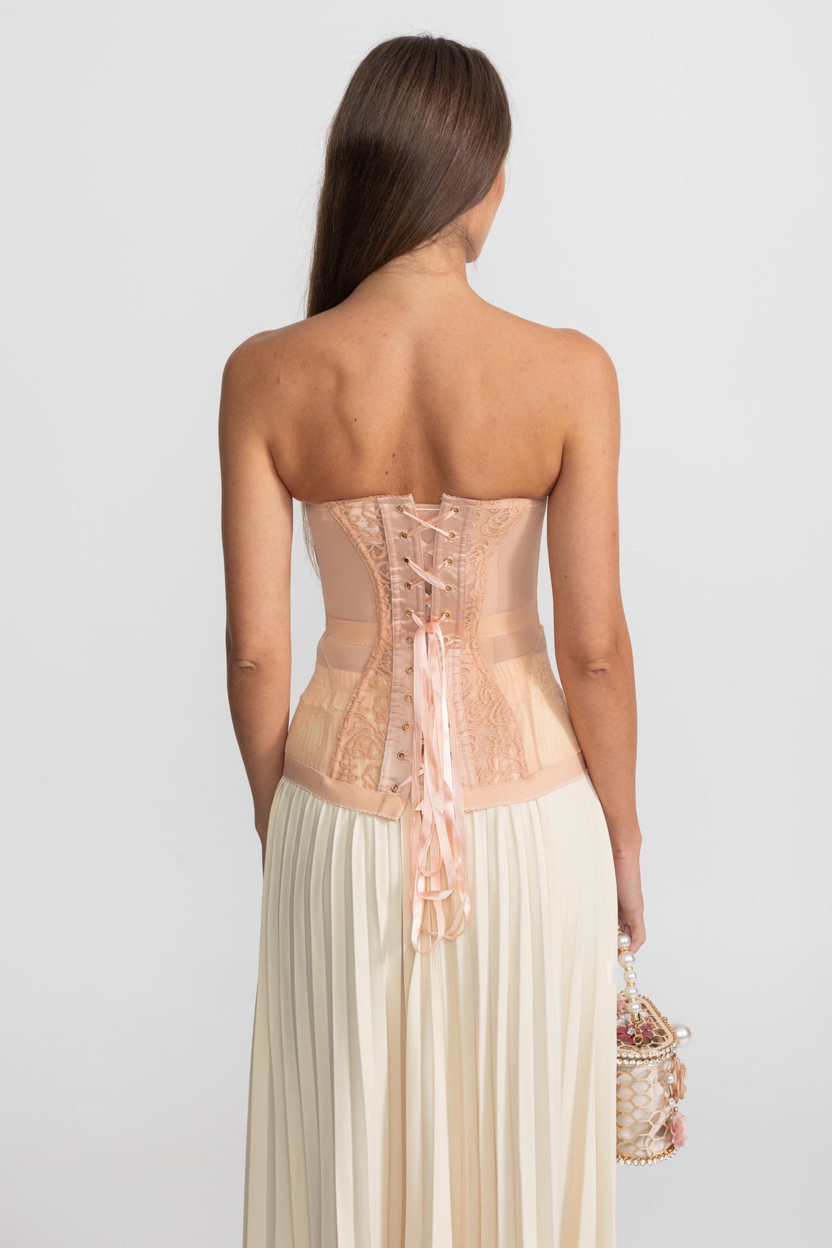 Embroidered Lace Strapless Corset Top with Boning – Nude – view 10