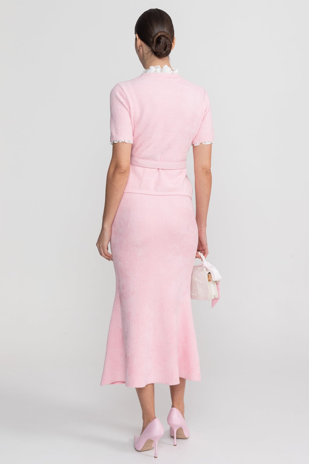 Peplum Knit Top and Fluted Midi Skirt Set with Crystal Belt – Blush Pink – view 8