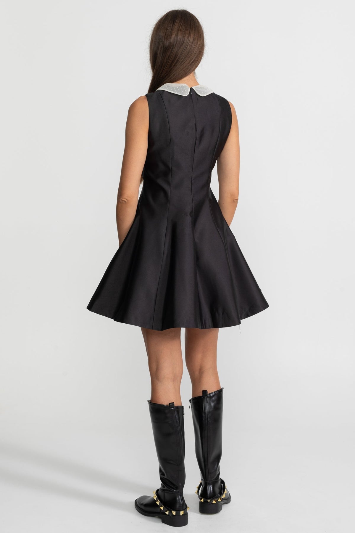 Peter Pan Collar A-Line Mini Dress with Lace Bib – Black