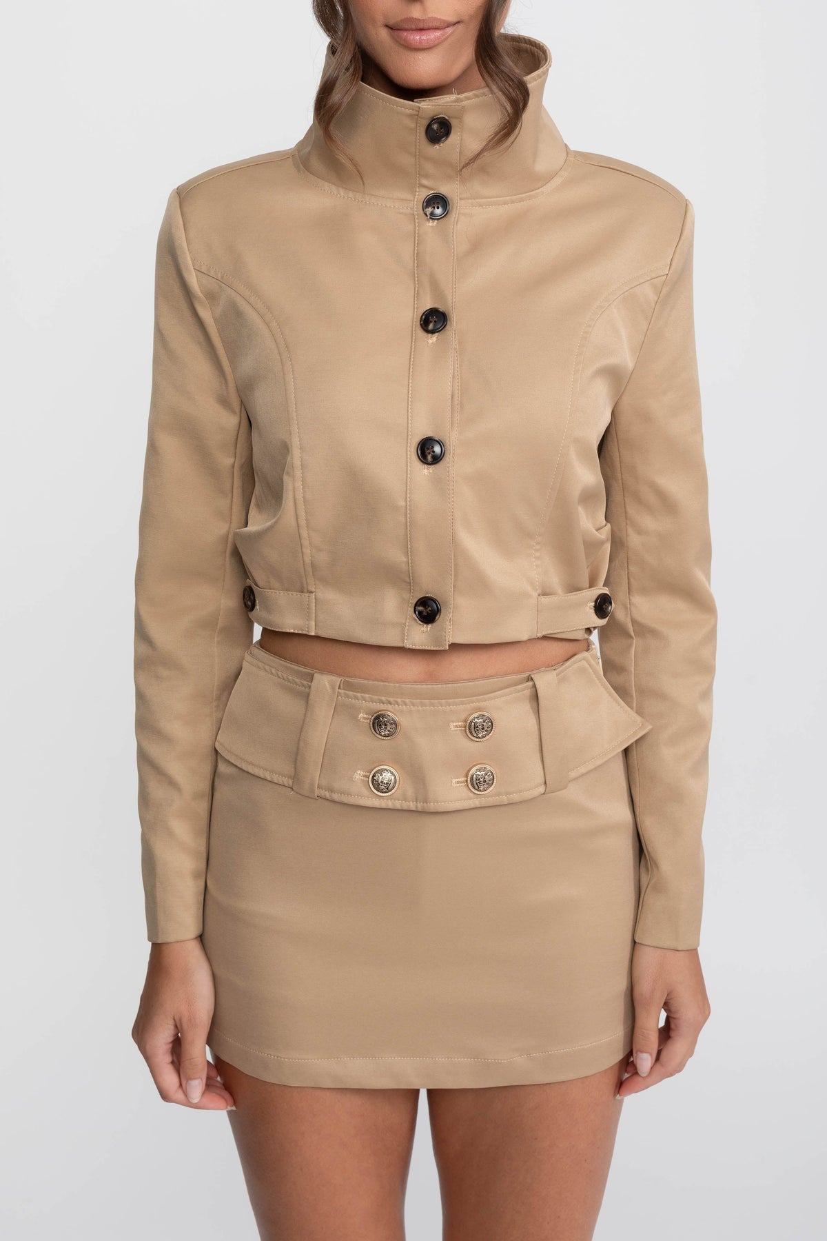Double-Breasted Cropped Jacket and Mini Skirt Co-ord Set – Khaki – view 6