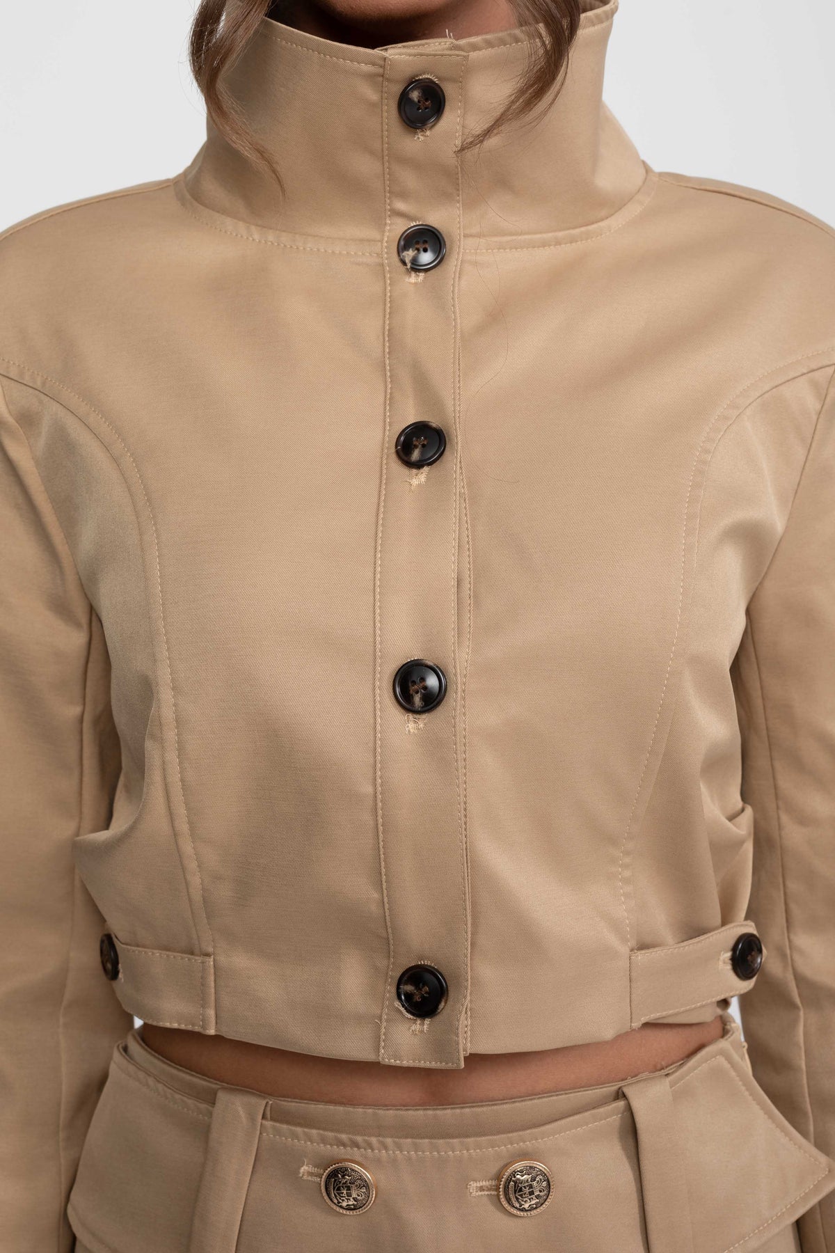 Double-Breasted Cropped Jacket and Mini Skirt Co-ord Set – Khaki – view 9