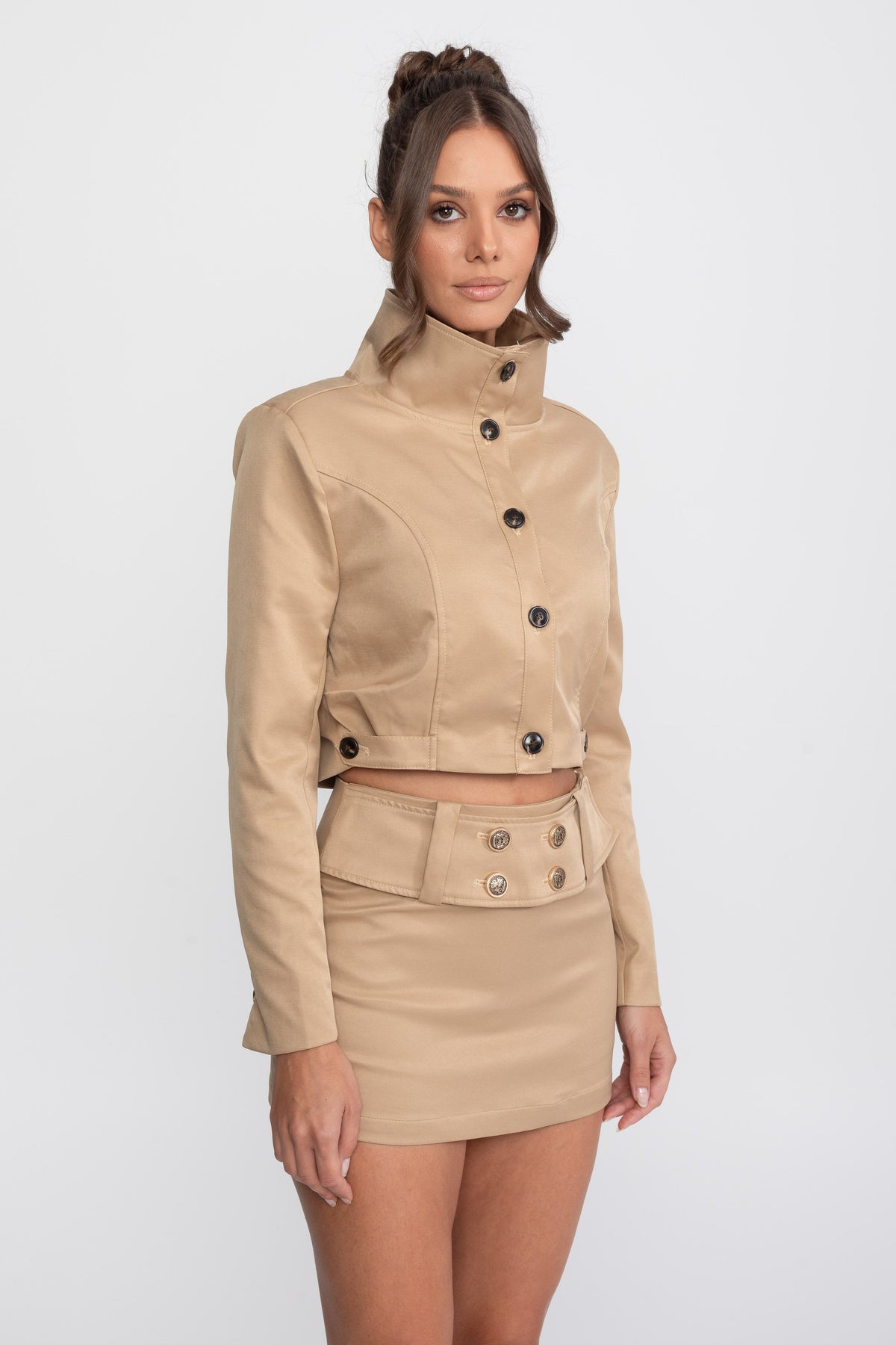 Double-Breasted Cropped Jacket and Mini Skirt Co-ord Set – Khaki – view 4