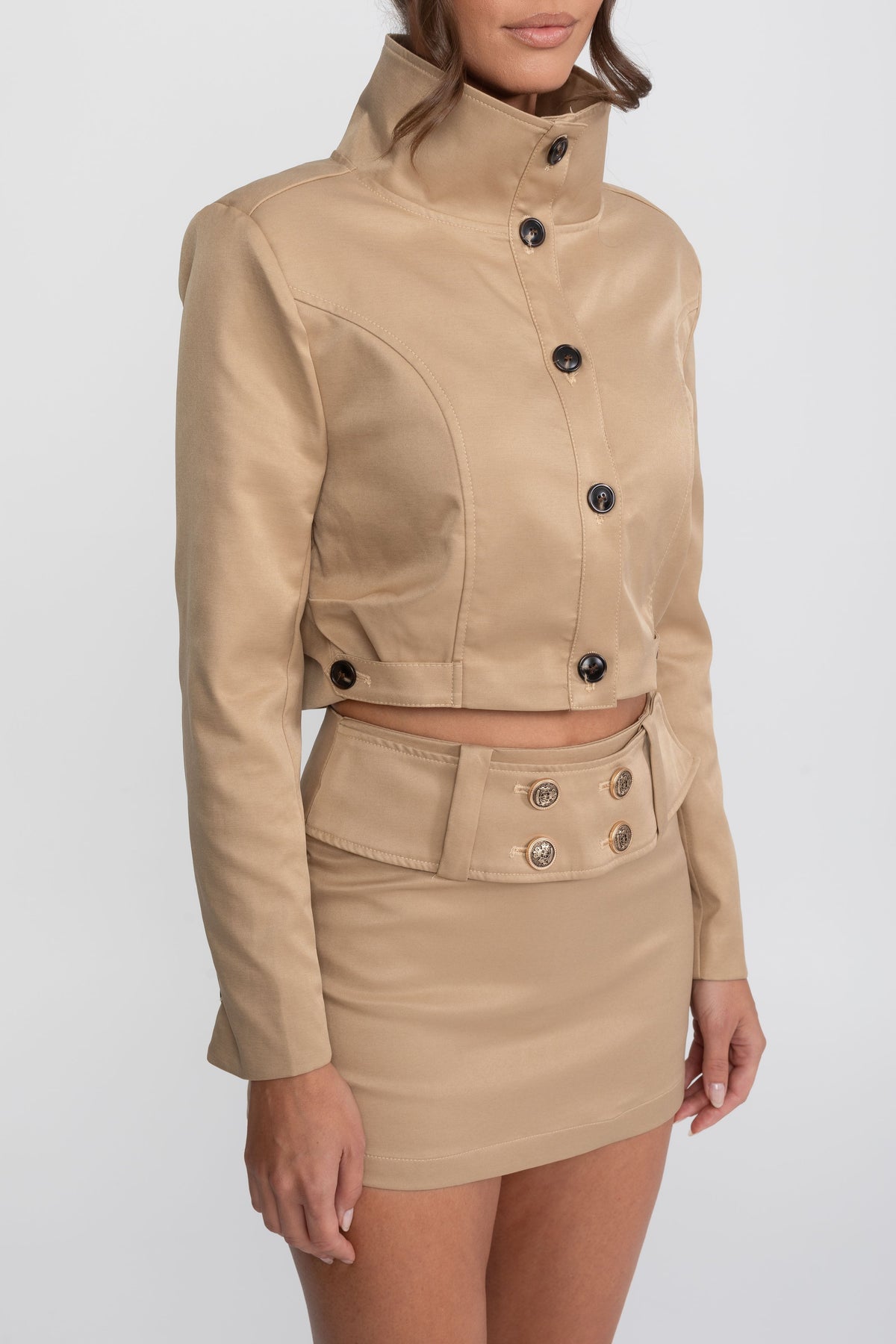 Double-Breasted Cropped Jacket and Mini Skirt Co-ord Set – Khaki – view 7
