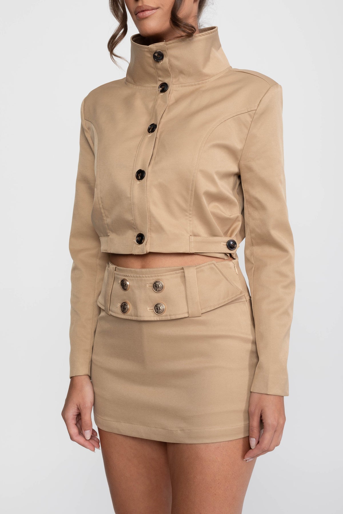 Double-Breasted Cropped Jacket and Mini Skirt Co-ord Set – Khaki – view 8