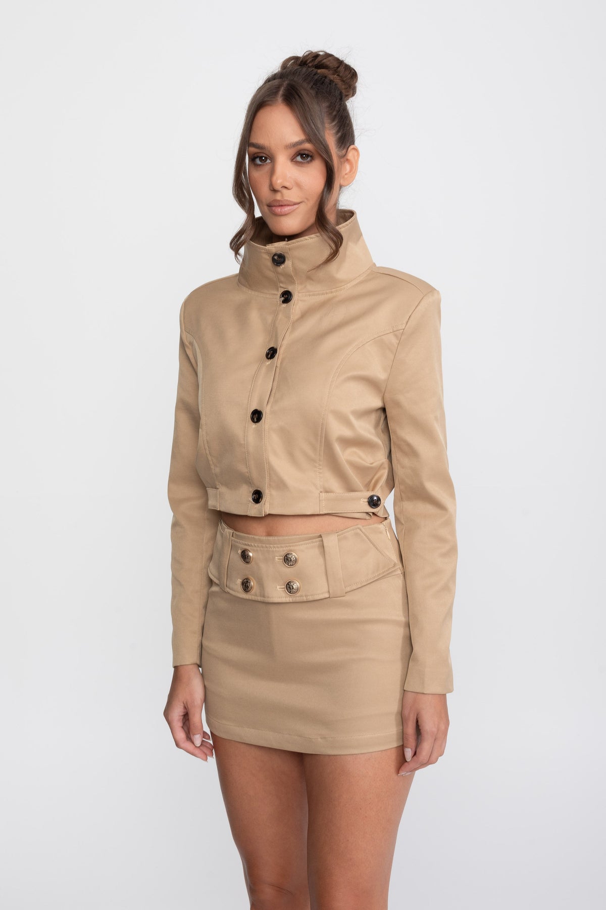 Double-Breasted Cropped Jacket and Mini Skirt Co-ord Set – Khaki – view 5