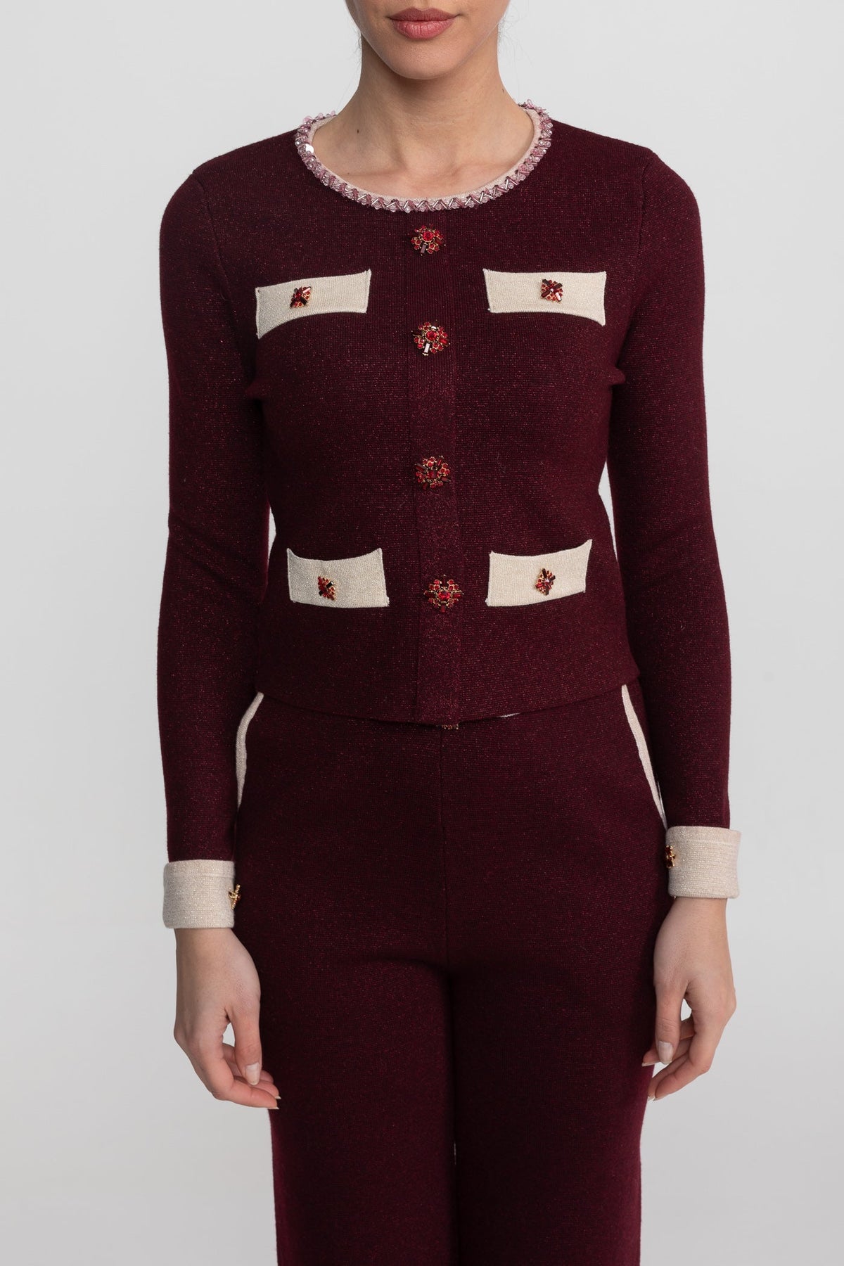 Cropped Knit Cardigan and Wide Leg Trousers Set with Contrast Trim – Burgundy – view 5