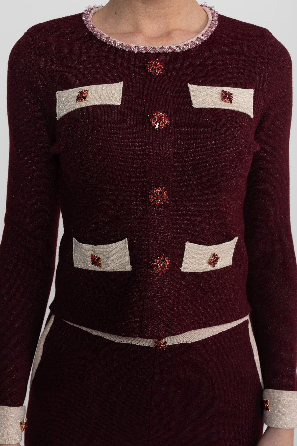 Cropped Knit Cardigan and Wide Leg Trousers Set with Contrast Trim – Burgundy – view 7