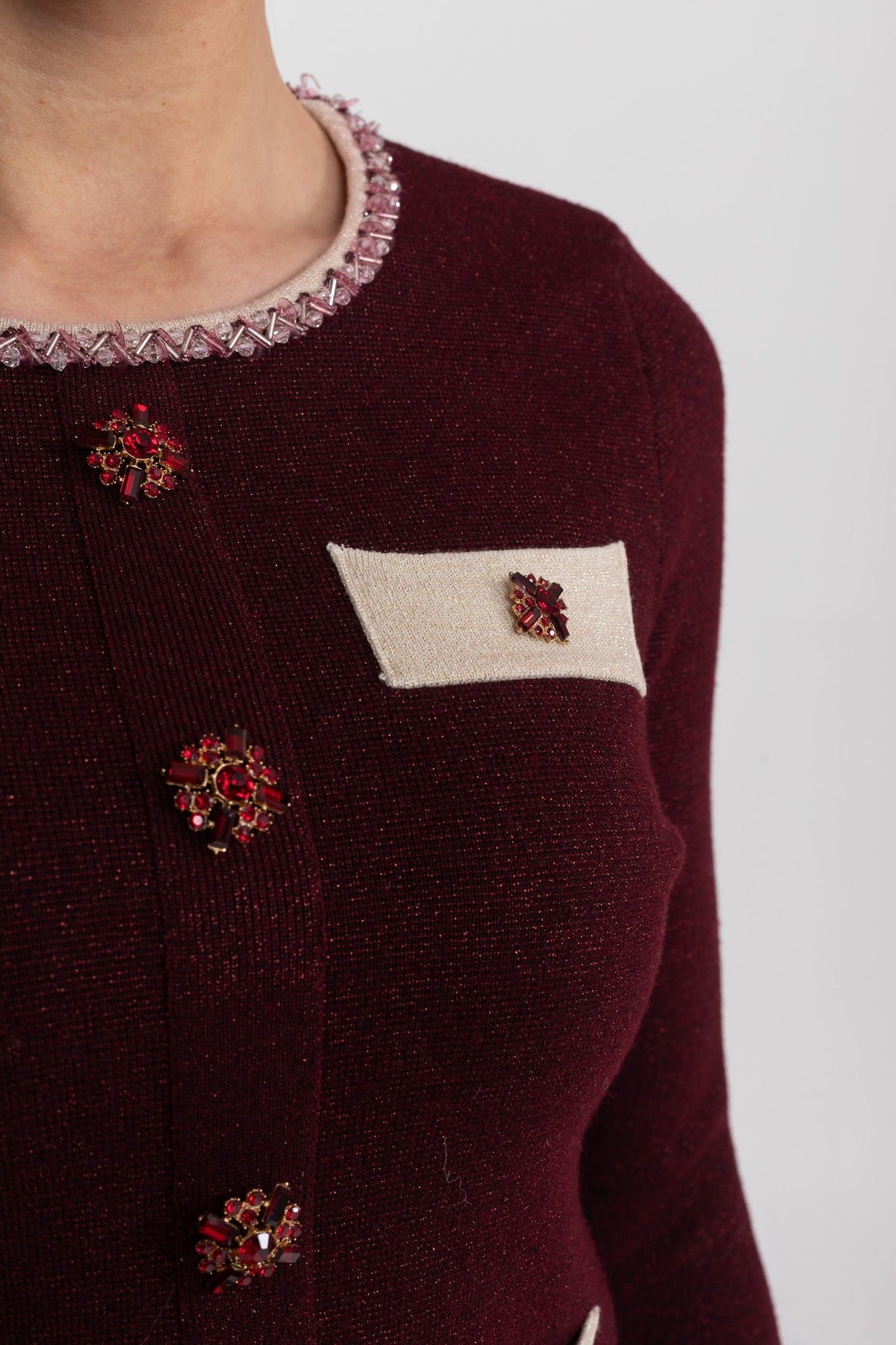 Cropped Knit Cardigan and Wide Leg Trousers Set with Contrast Trim – Burgundy