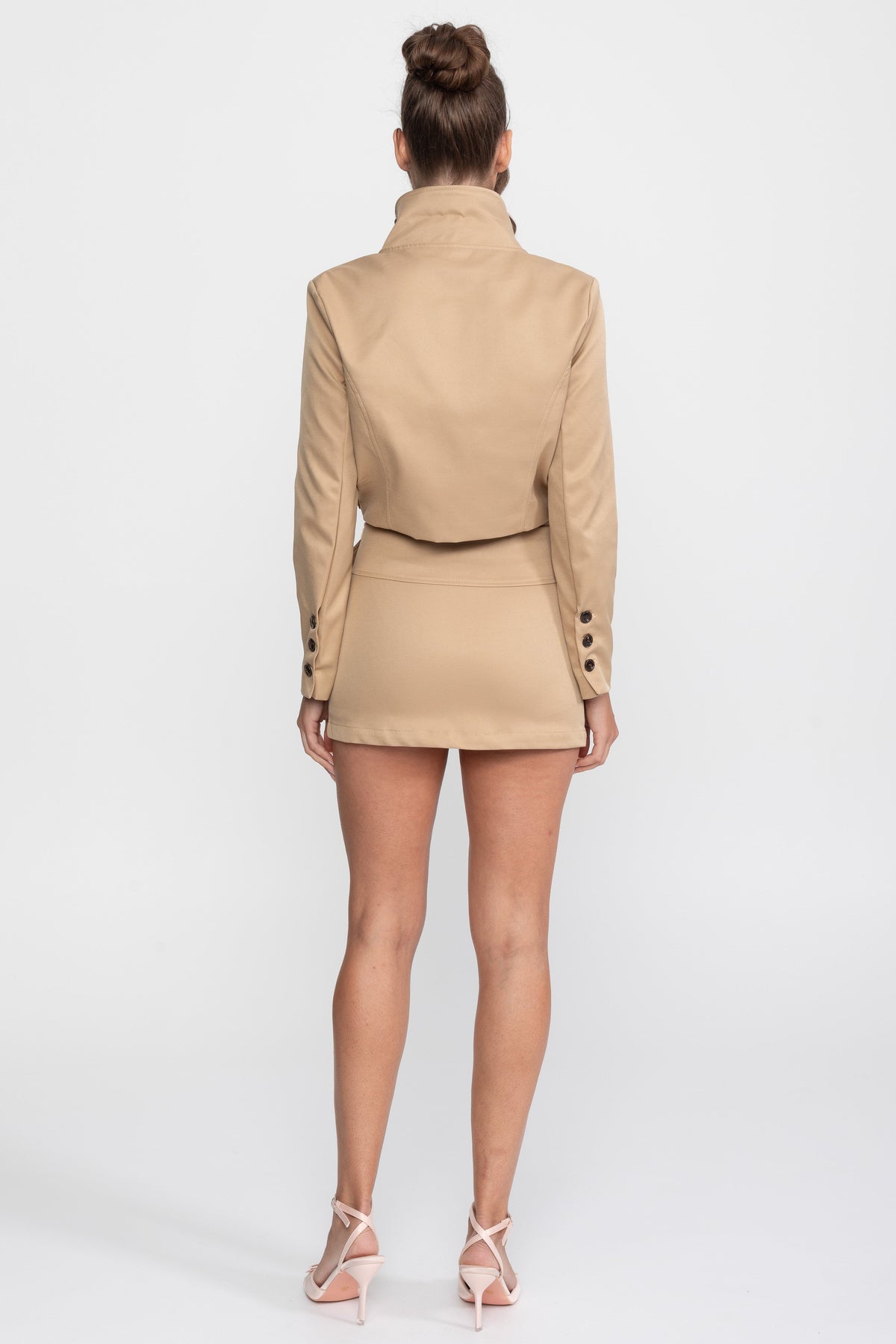 Double-Breasted Cropped Jacket and Mini Skirt Co-ord Set – Khaki – view 14
