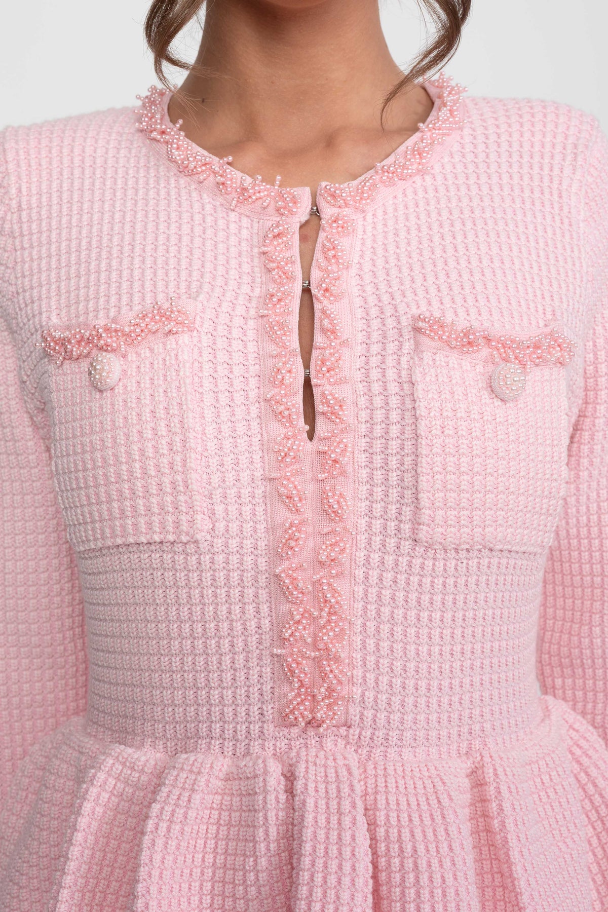 Fringe Trim Long Sleeve Knit Peplum Pencil Dress with Pockets – Pink – view 6