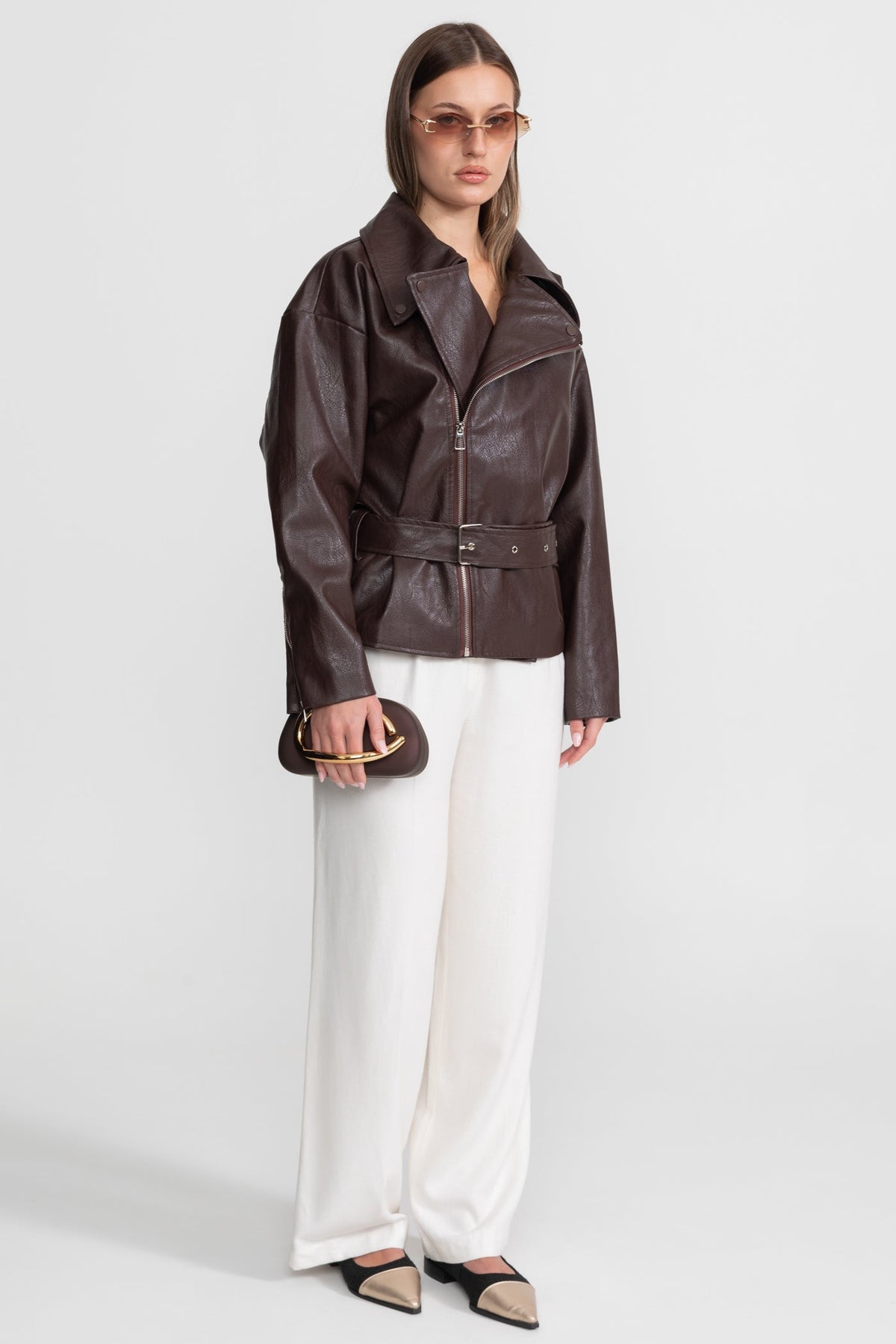 Belted Biker Jacket with Wide Notched Lapels – Chocolate Brown – view 6