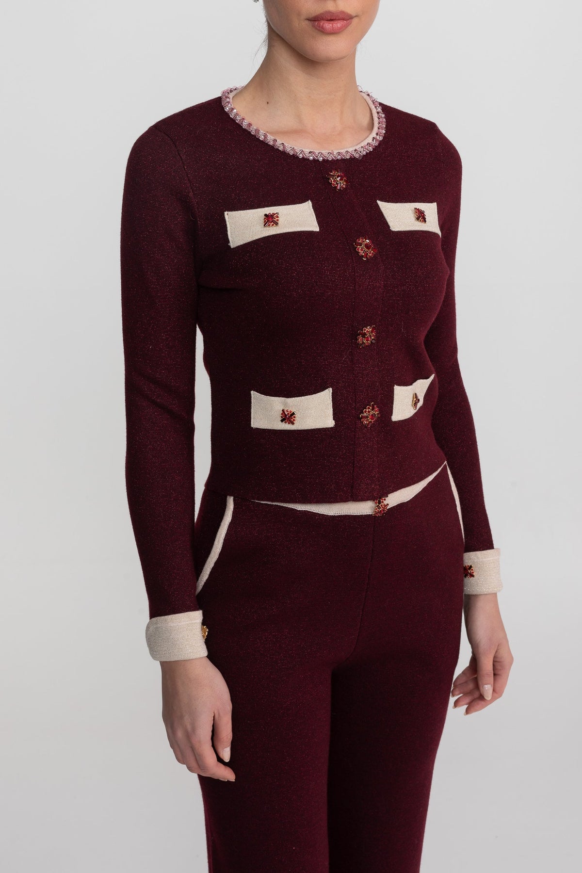 Cropped Knit Cardigan and Wide Leg Trousers Set with Contrast Trim – Burgundy – view 6