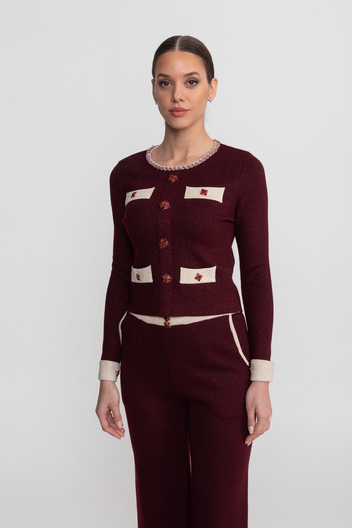 Cropped Knit Cardigan and Wide Leg Trousers Set with Contrast Trim – Burgundy