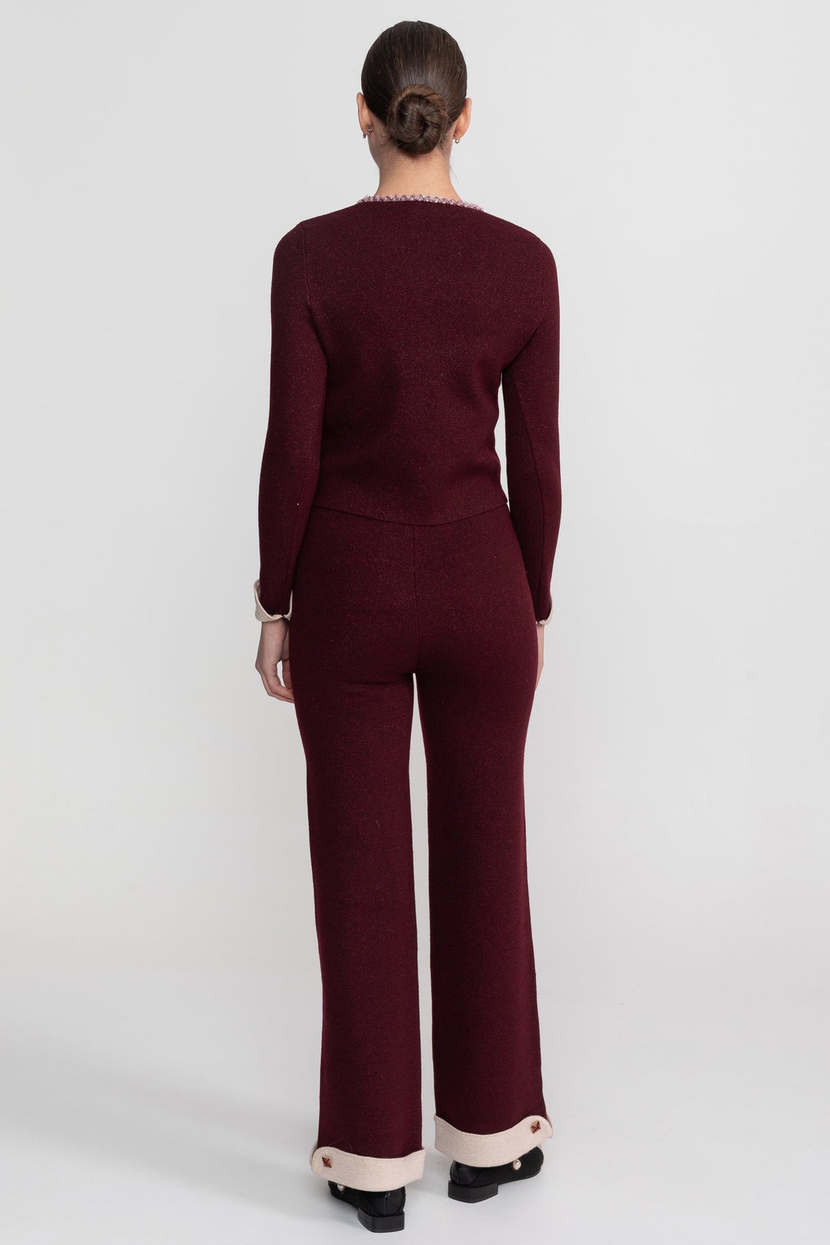Cropped Knit Cardigan and Wide Leg Trousers Set with Contrast Trim – Burgundy – view 9