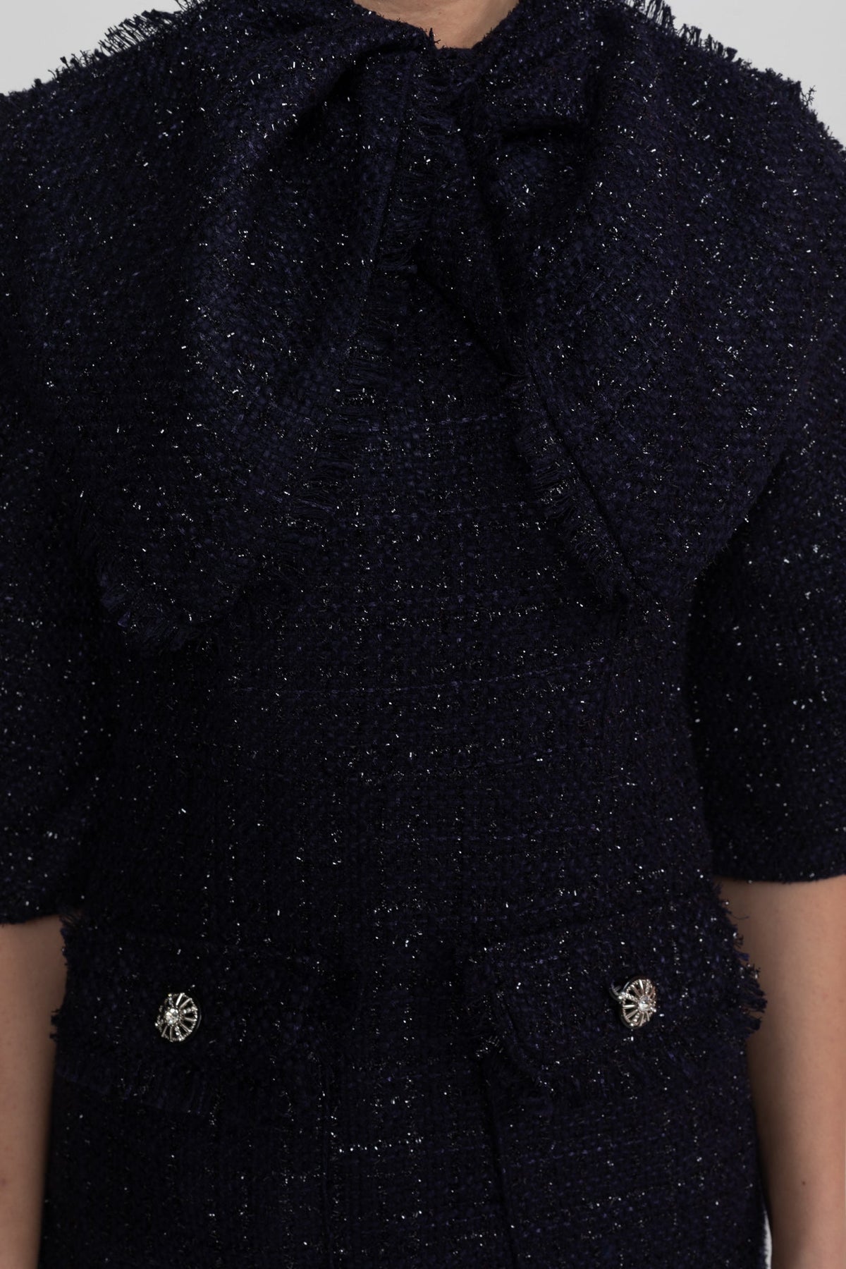 Tweed Midi Dress with Oversized Bow Neck and Puff Sleeves – Navy – view 5