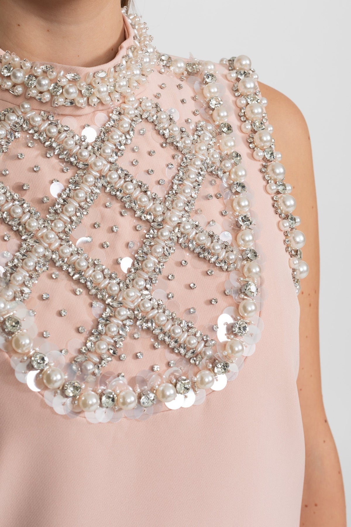 Pearl and Crystal Embellished High Neck Sleeveless Mini Dress – Blush Pink