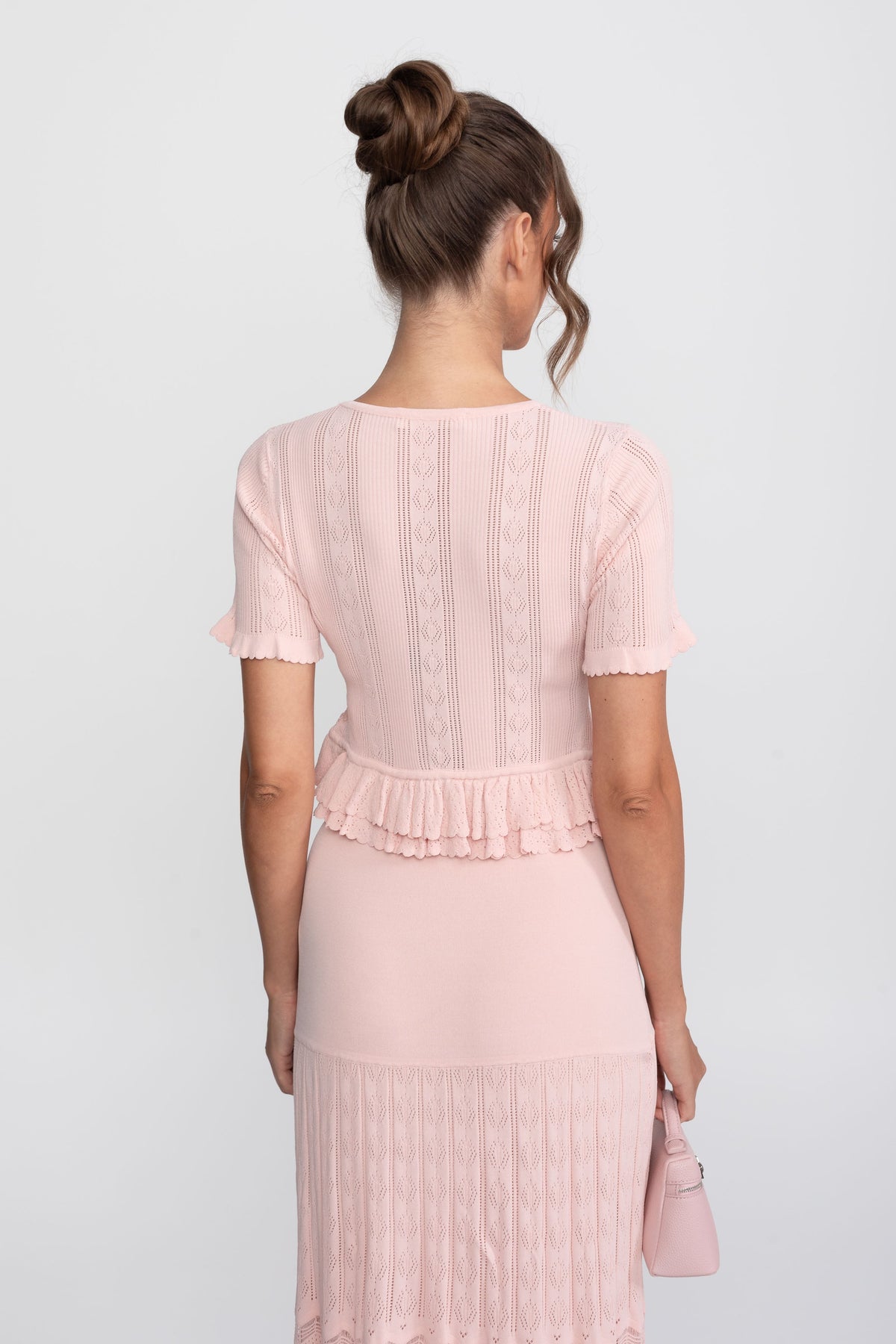 Ruffled Waist Knit Top and Maxi Skirt Set with Pearl Buttons – Pink – view 11