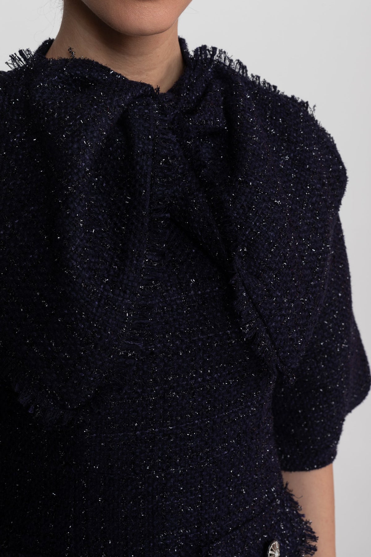 Tweed Midi Dress with Oversized Bow Neck and Puff Sleeves – Navy – view 6