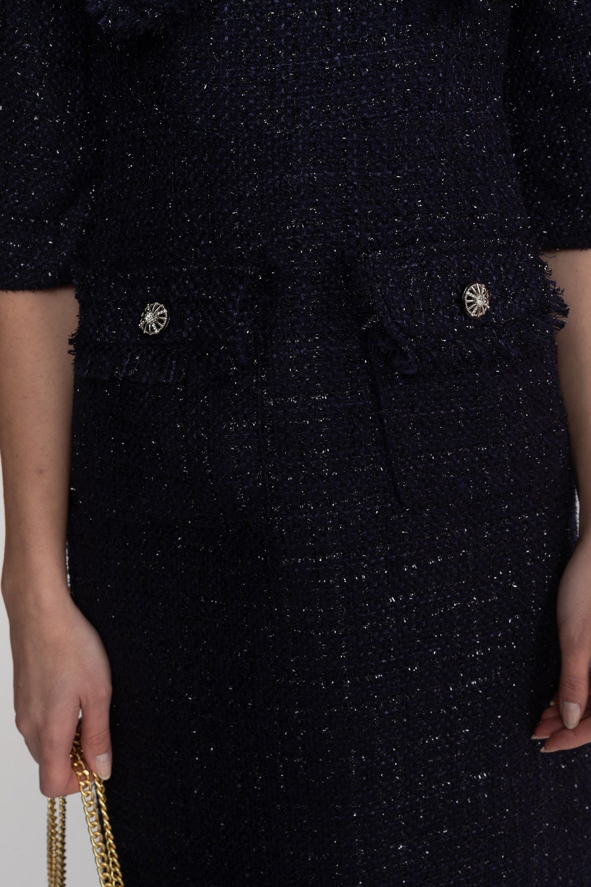 Tweed Midi Dress with Oversized Bow Neck and Puff Sleeves – Navy – view 7