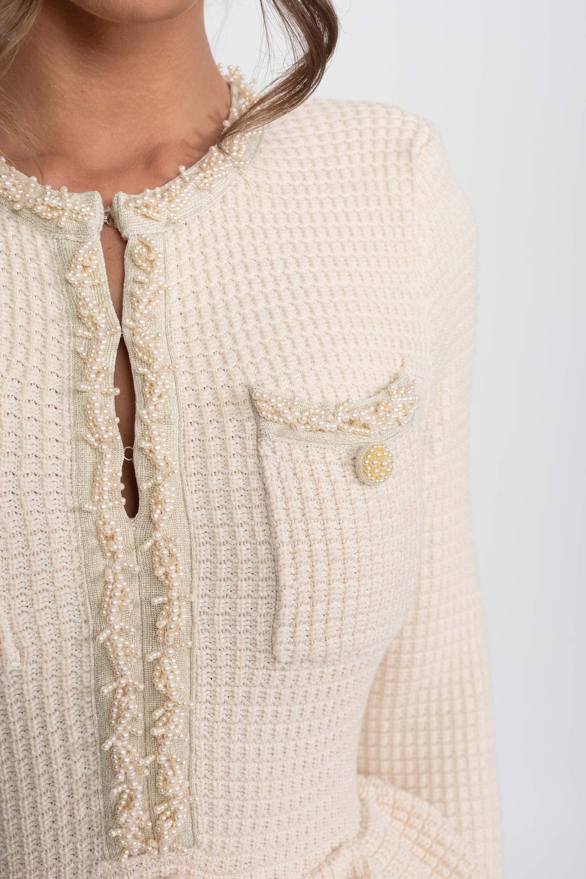 Fringe Trim Long Sleeve Knit Peplum Pencil Dress with Pockets – Beige – view 5