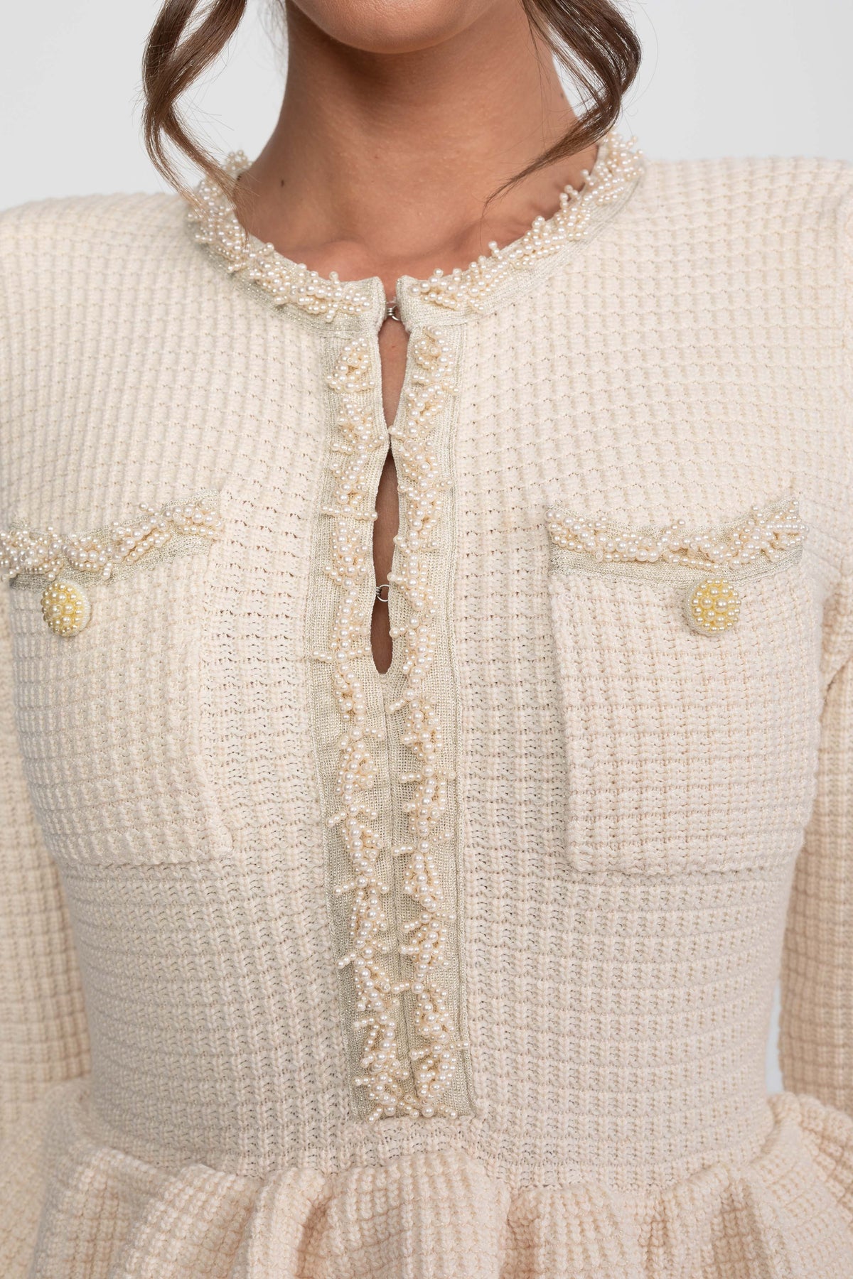 Fringe Trim Long Sleeve Knit Peplum Pencil Dress with Pockets – Beige – view 4