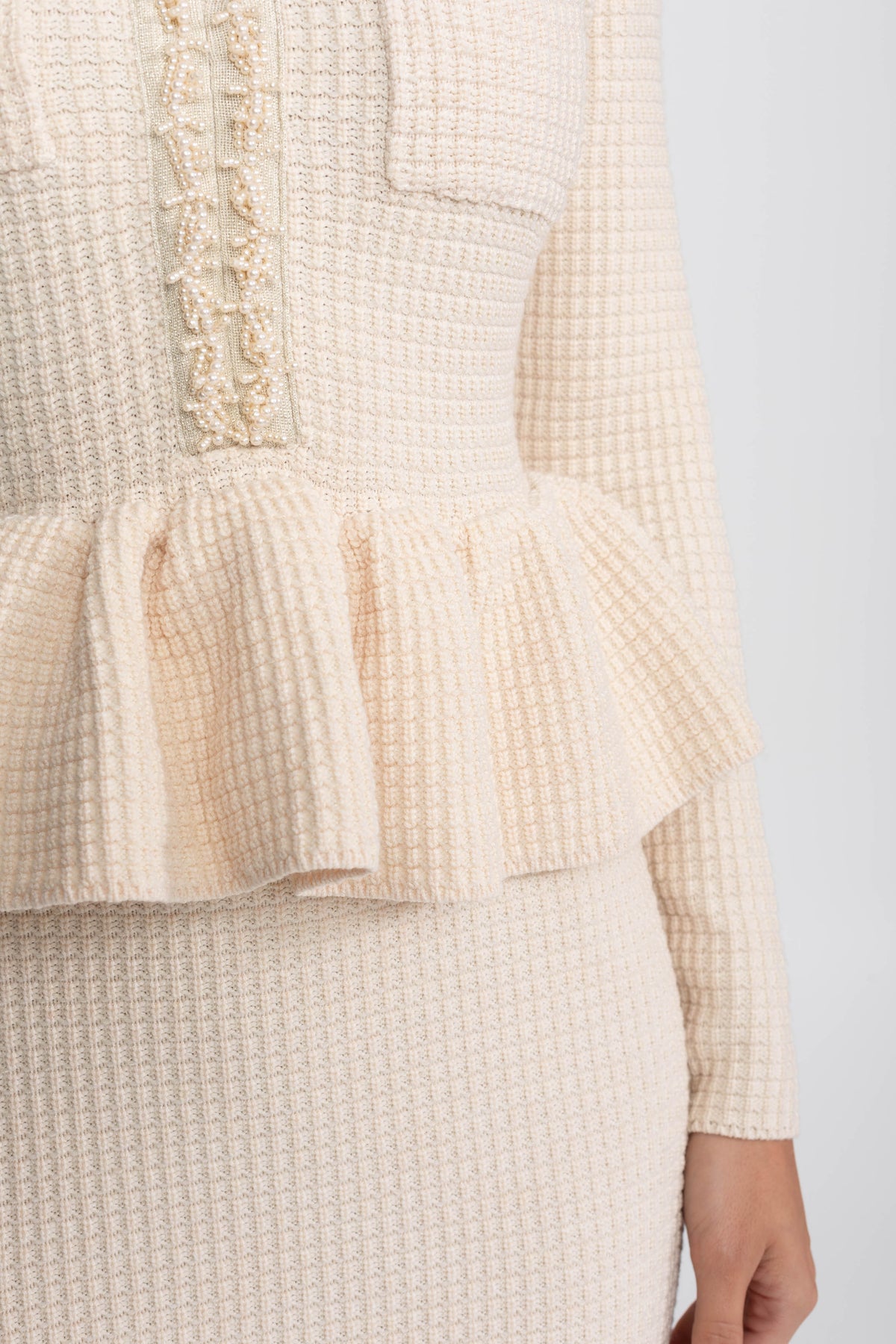 Fringe Trim Long Sleeve Knit Peplum Pencil Dress with Pockets – Beige – view 6