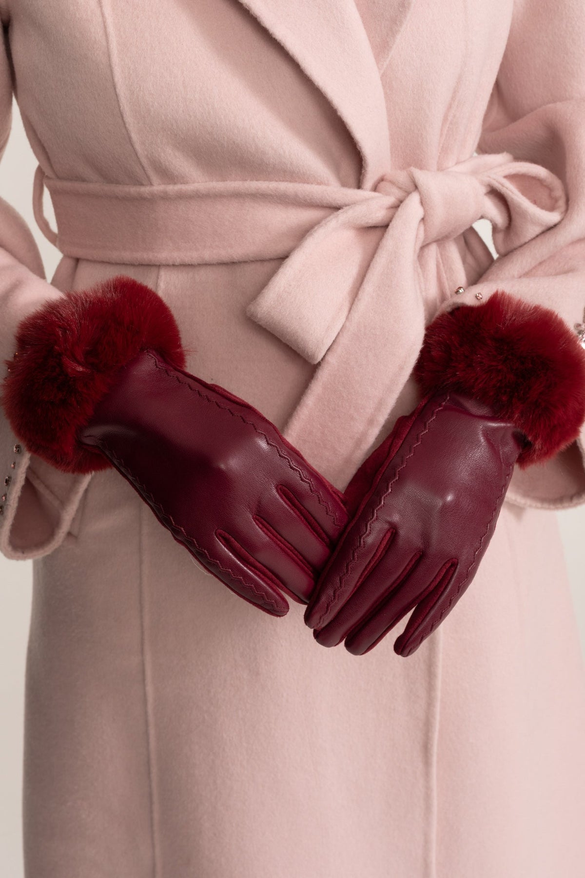 Vegan Leather Gloves with Plush Cuffs and Stitching Detail – Burgundy