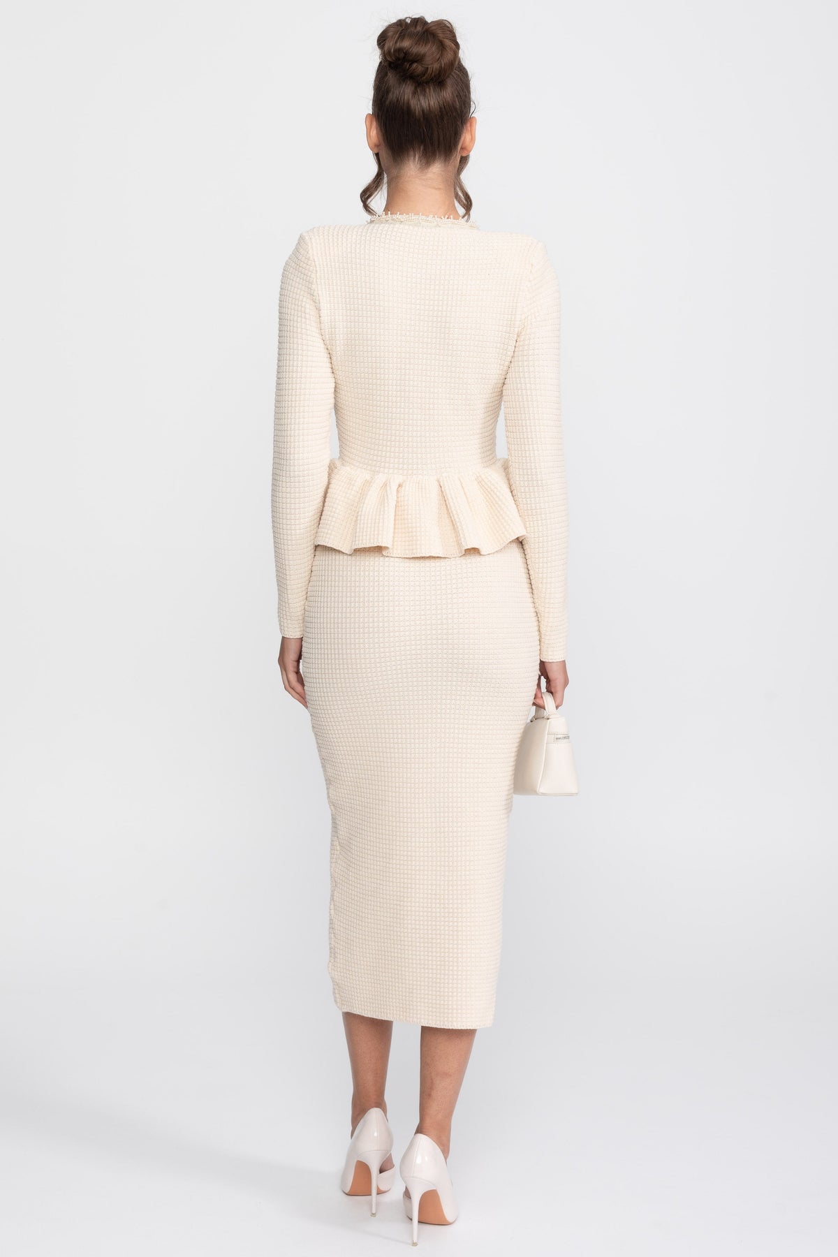 Fringe Trim Long Sleeve Knit Peplum Pencil Dress with Pockets – Beige – view 7