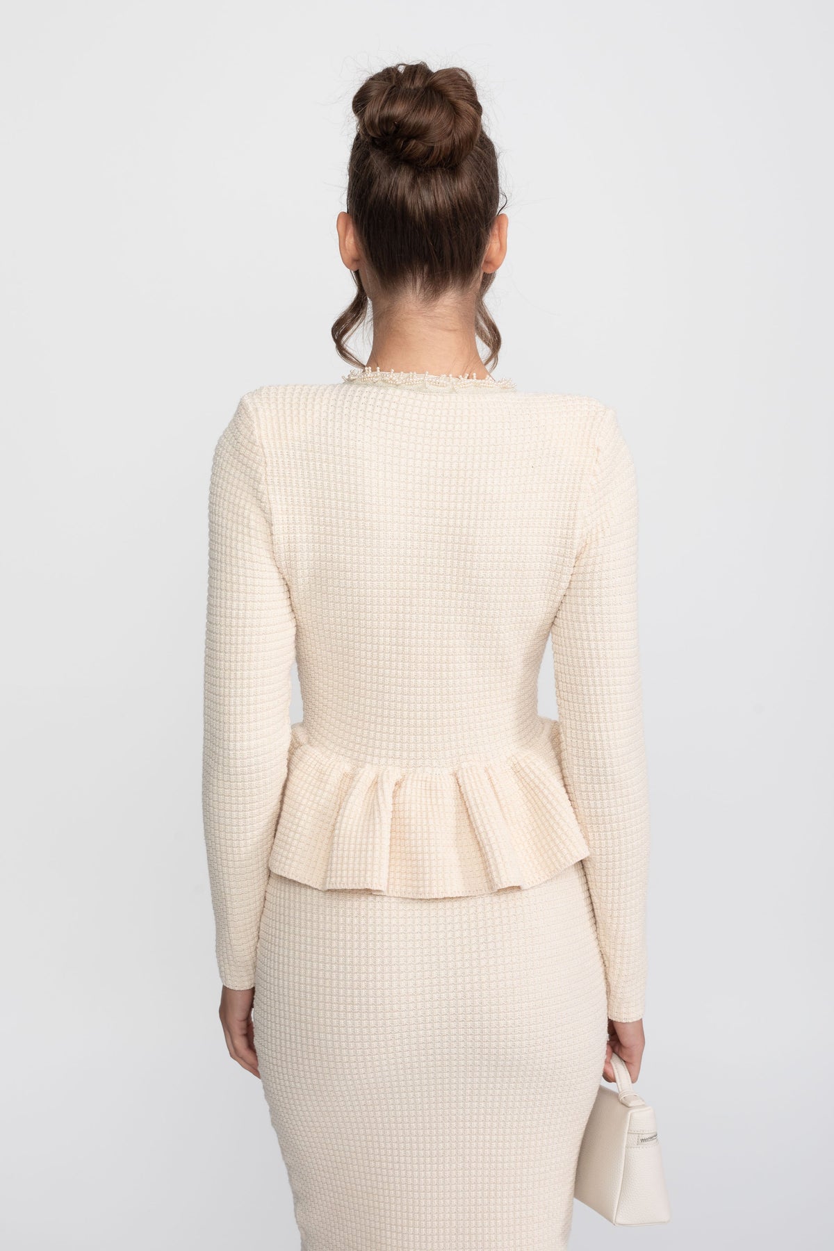 Fringe Trim Long Sleeve Knit Peplum Pencil Dress with Pockets – Beige – view 8