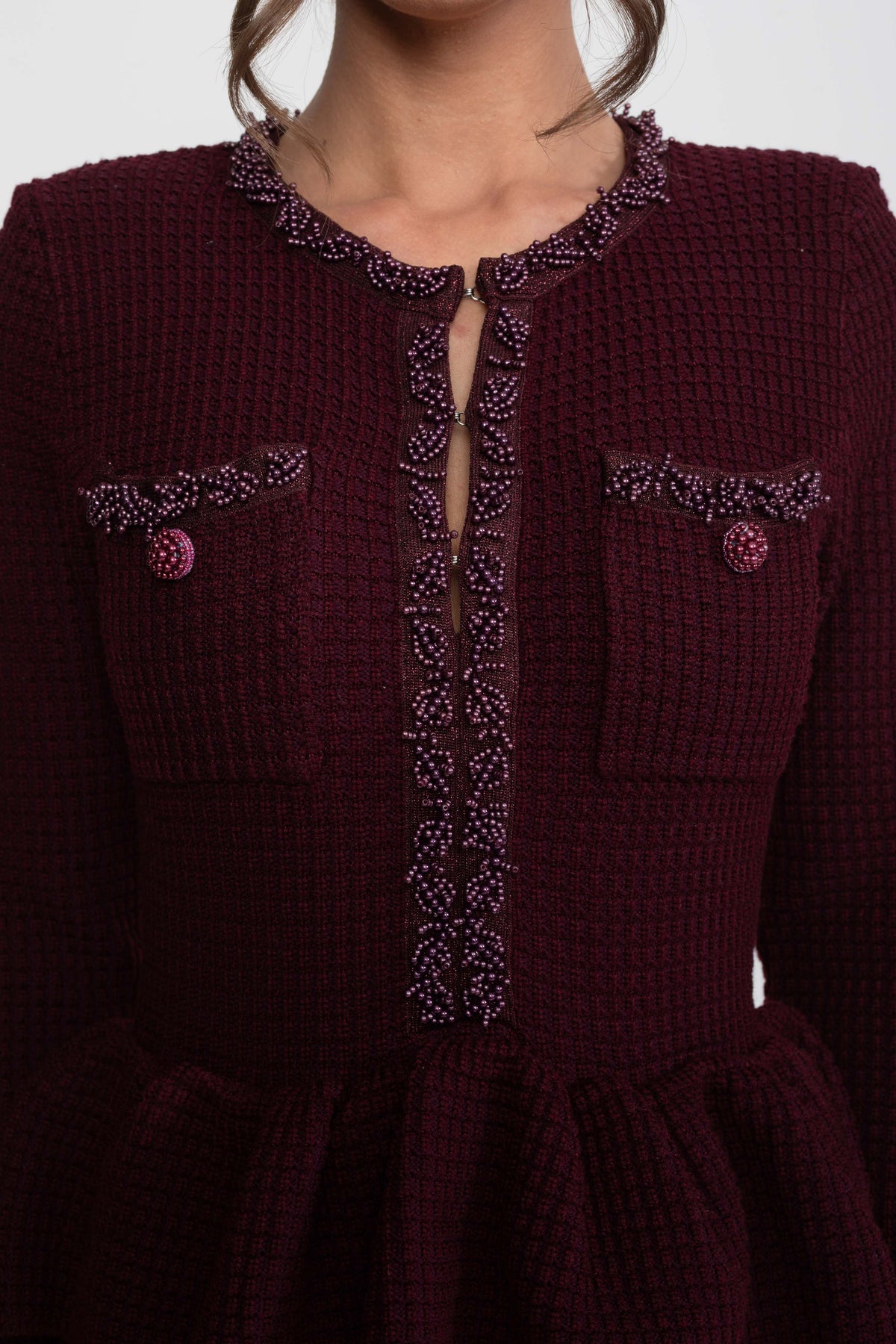 Fringe Trim Long Sleeve Knit Peplum Pencil Dress with Pockets – Burgundy – view 6