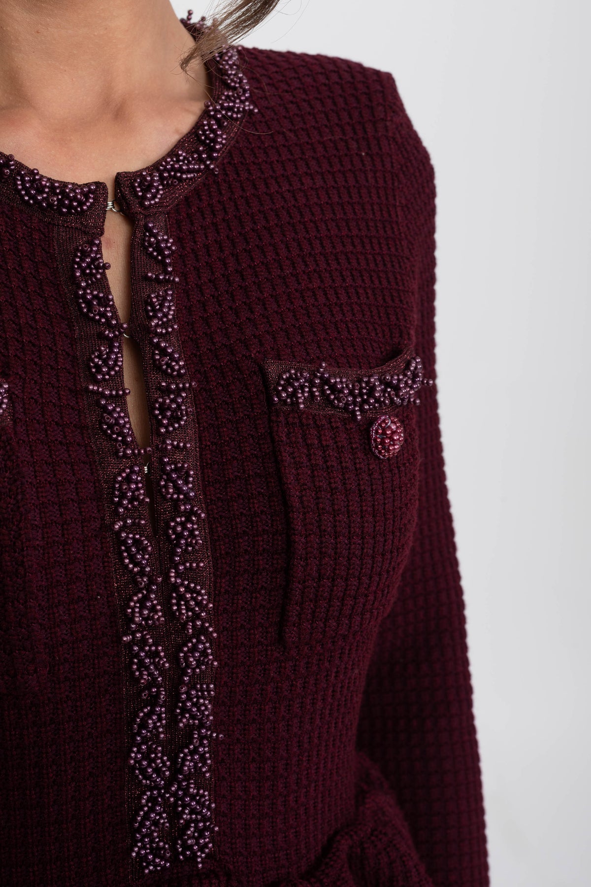 Fringe Trim Long Sleeve Knit Peplum Pencil Dress with Pockets – Burgundy – view 5