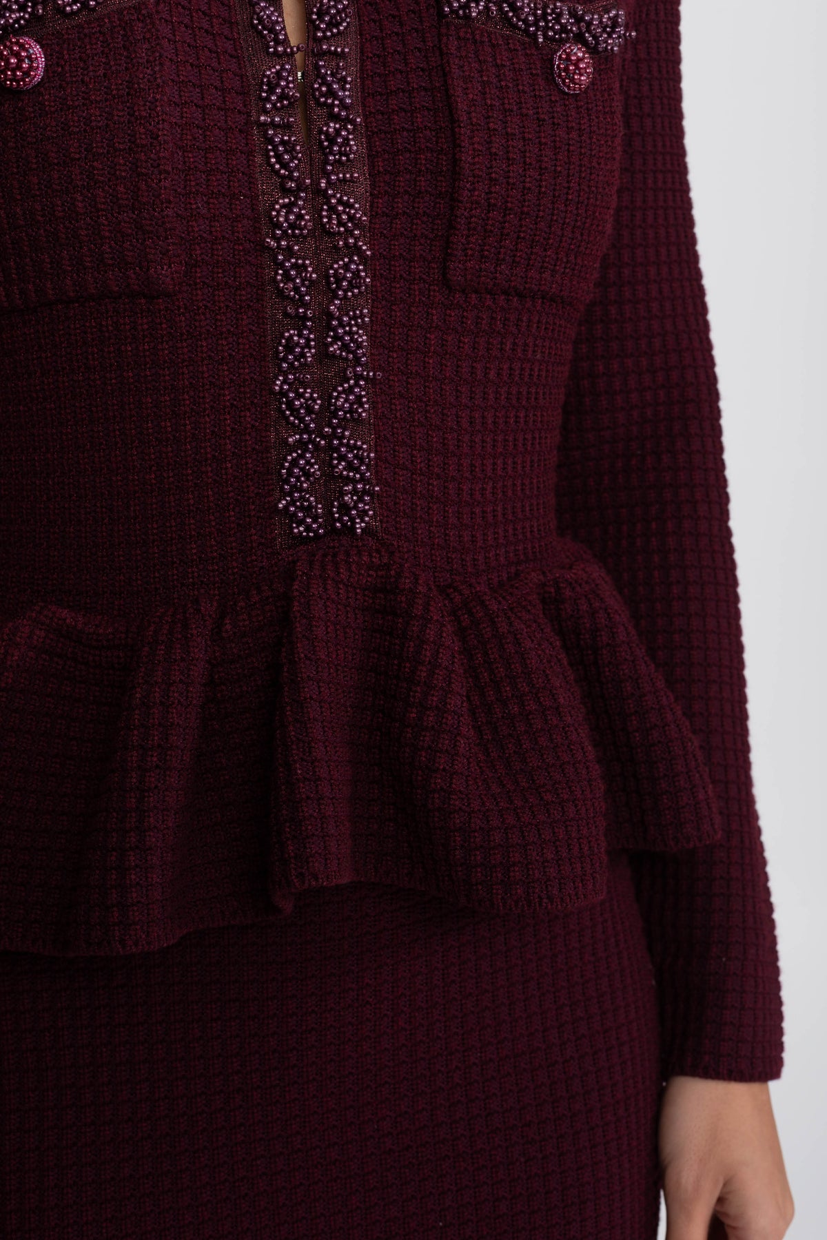 Fringe Trim Long Sleeve Knit Peplum Pencil Dress with Pockets – Burgundy – view 7