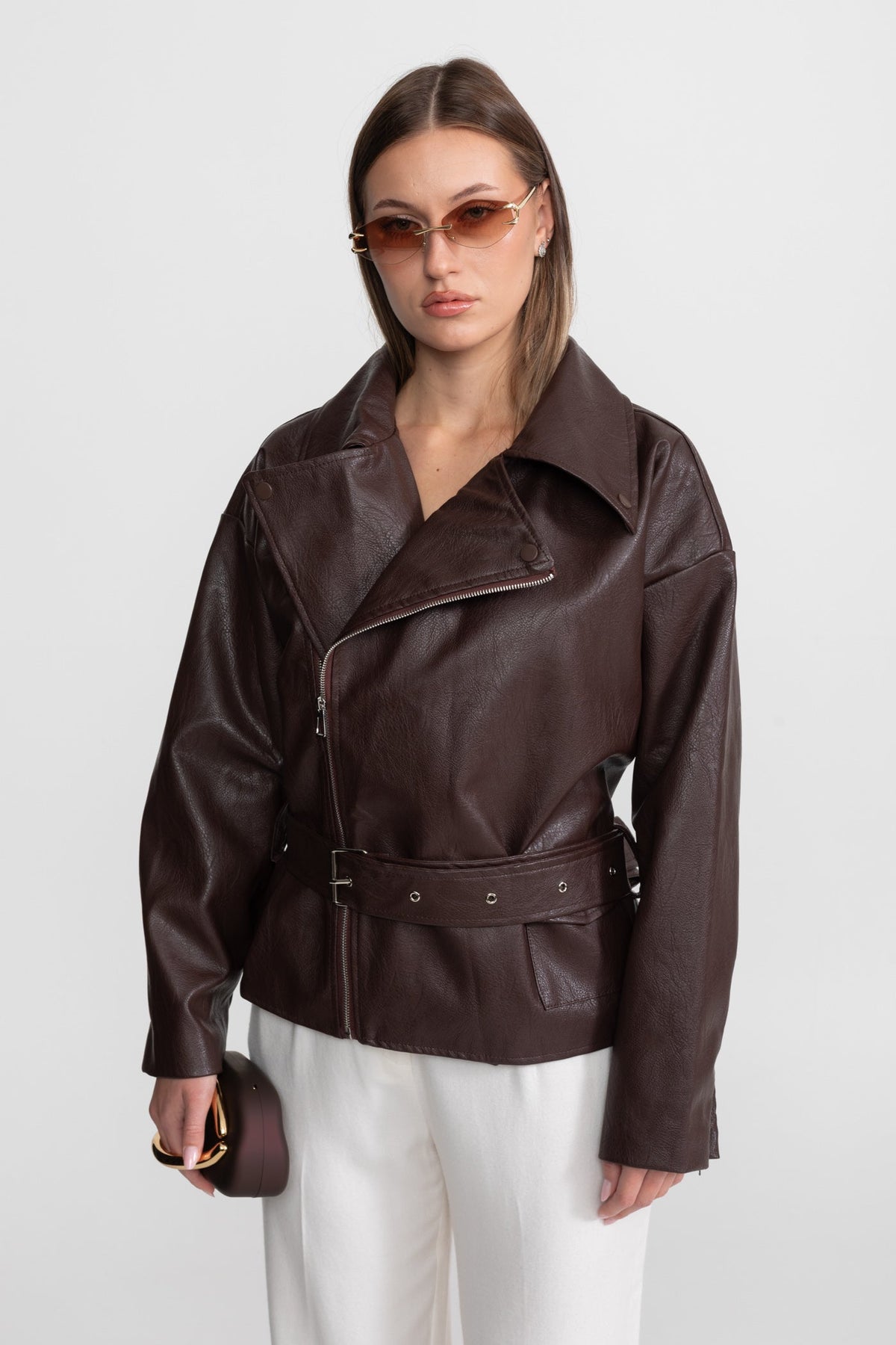 Belted Biker Jacket with Wide Notched Lapels – Chocolate Brown