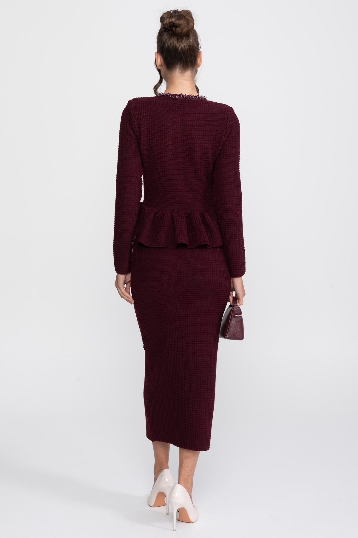Fringe Trim Long Sleeve Knit Peplum Pencil Dress with Pockets – Burgundy – view 4