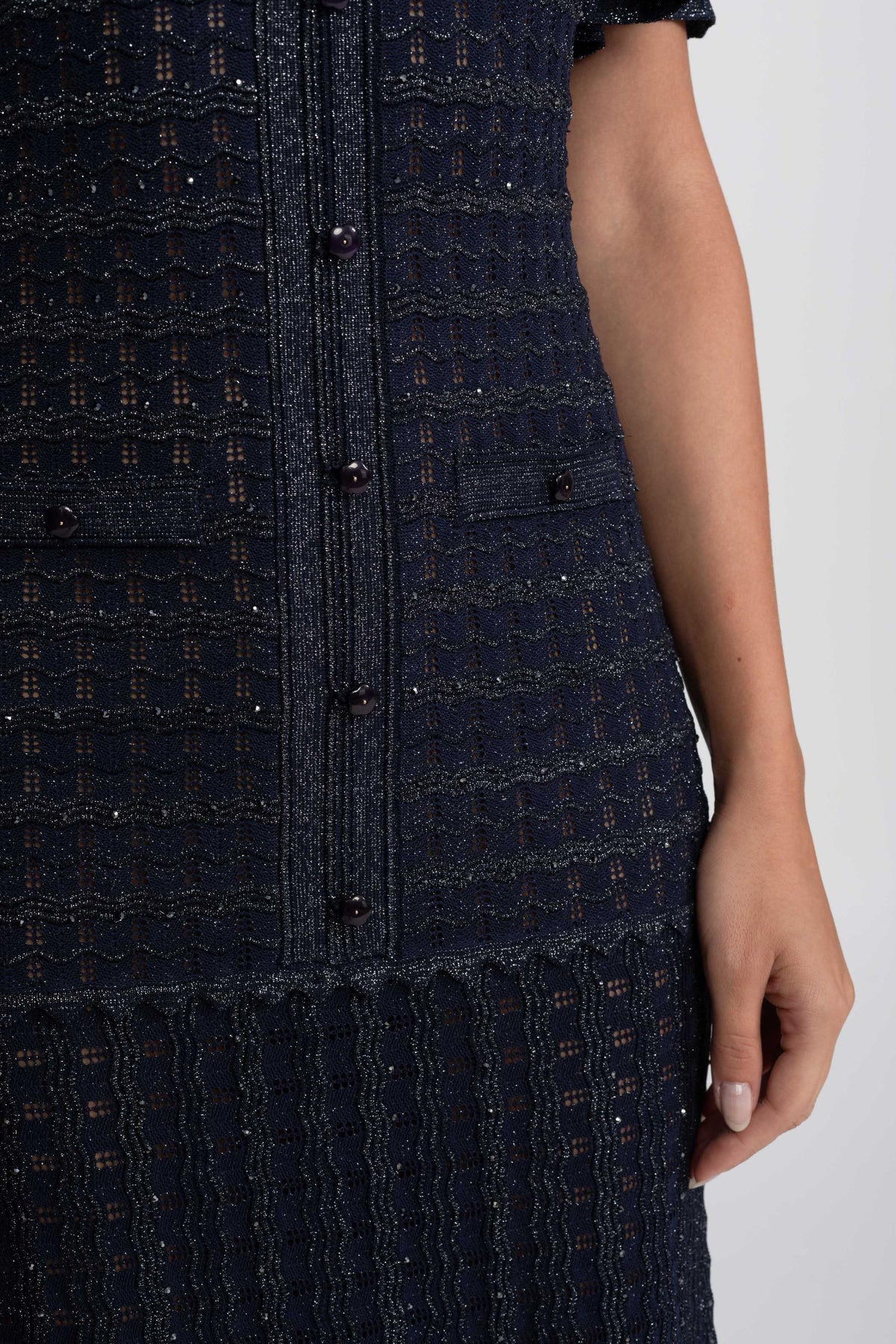 Shimmer Knit Button Front Midi Dress with Pleated Skirt – Navy – view 10