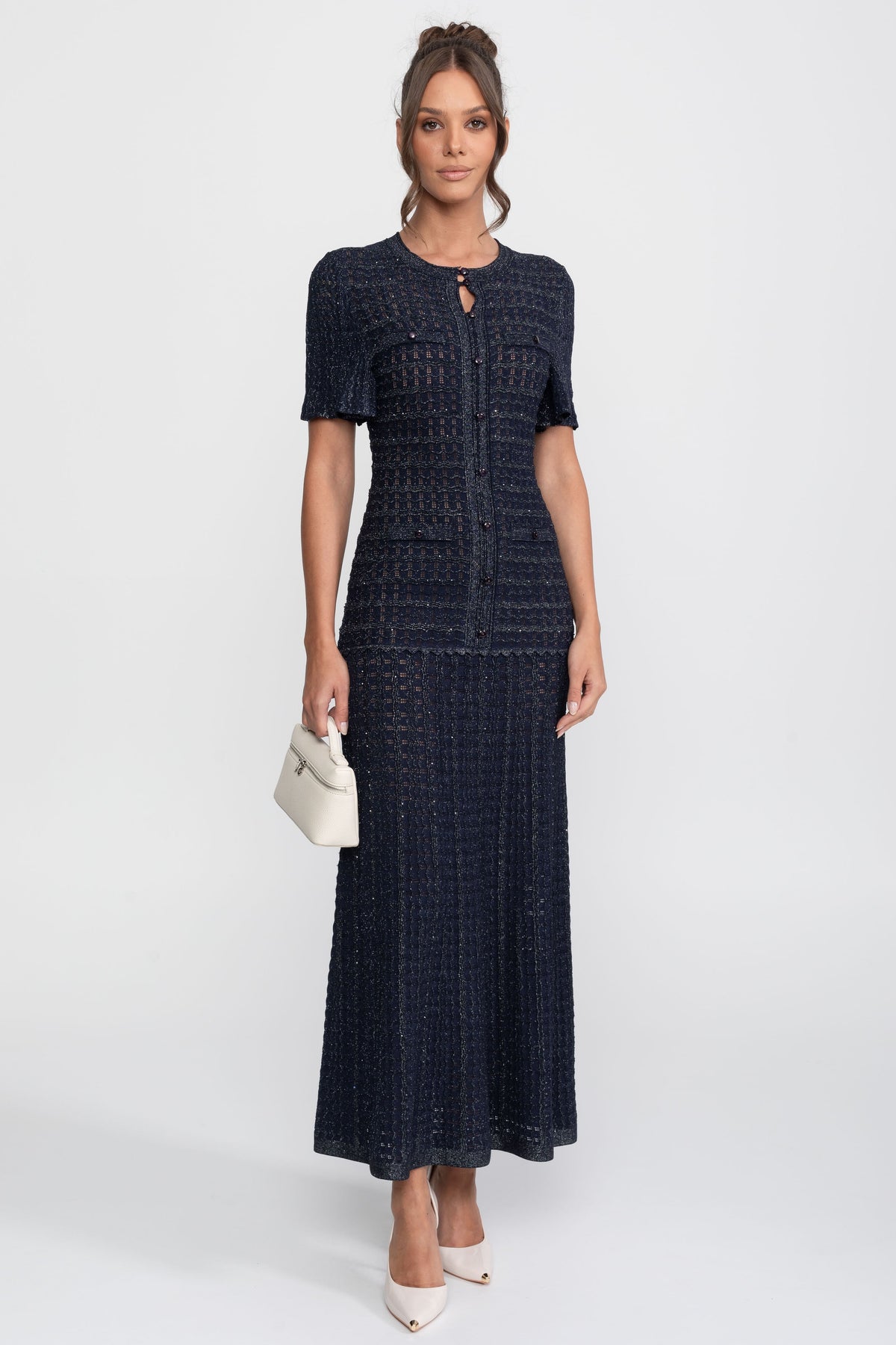 Shimmer Knit Button Front Midi Dress with Pleated Skirt – Navy – view 3