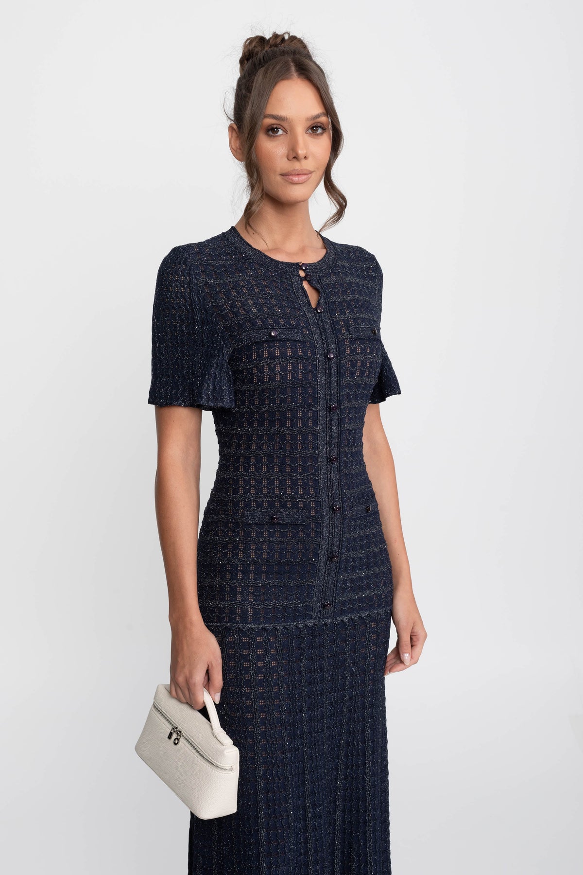 Shimmer Knit Button Front Midi Dress with Pleated Skirt – Navy – view 5