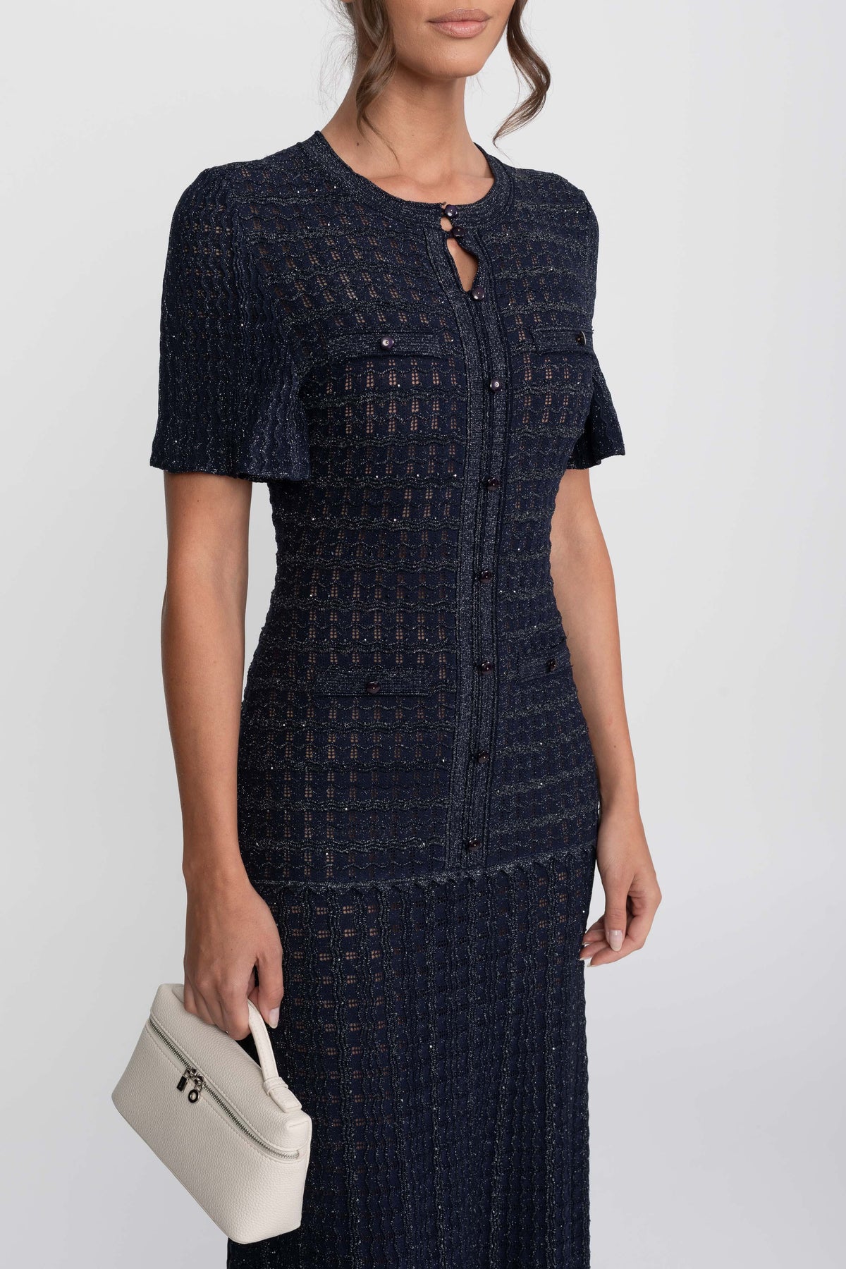 Shimmer Knit Button Front Midi Dress with Pleated Skirt – Navy – view 9