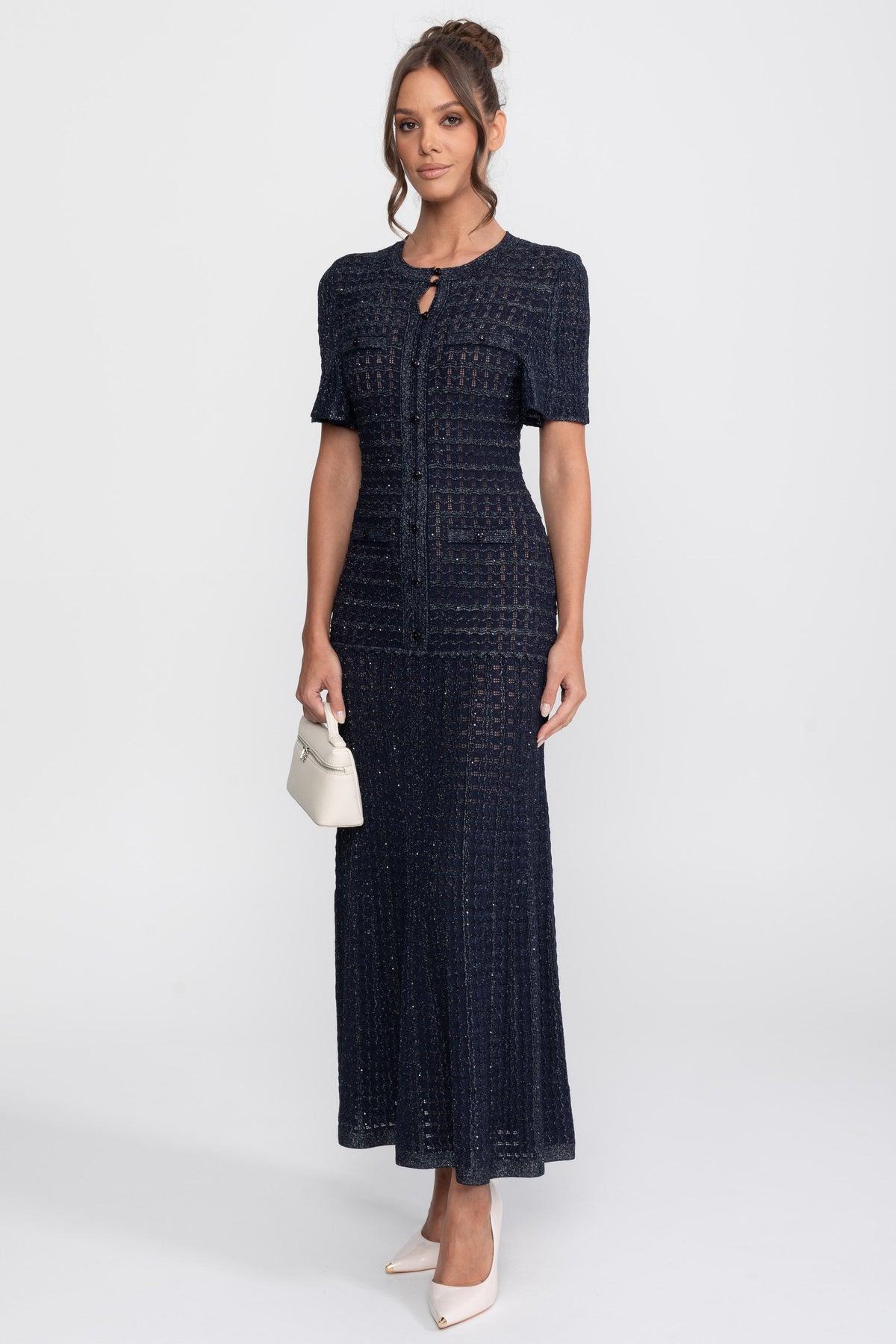 Shimmer Knit Button Front Midi Dress with Pleated Skirt – Navy – view 4