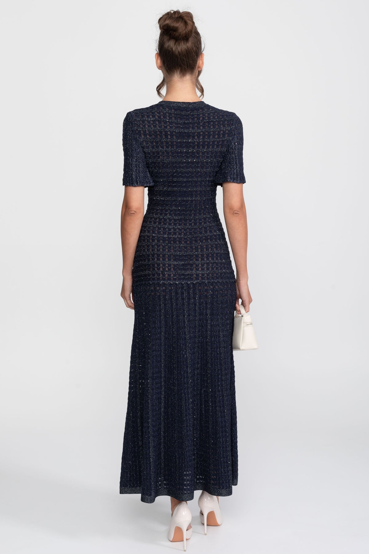 Shimmer Knit Button Front Midi Dress with Pleated Skirt – Navy – view 11