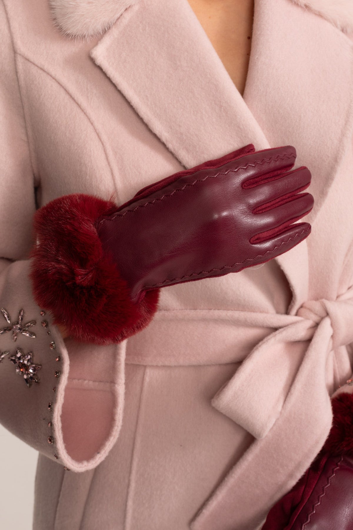 Vegan Leather Gloves with Plush Cuffs and Stitching Detail – Burgundy – view 4