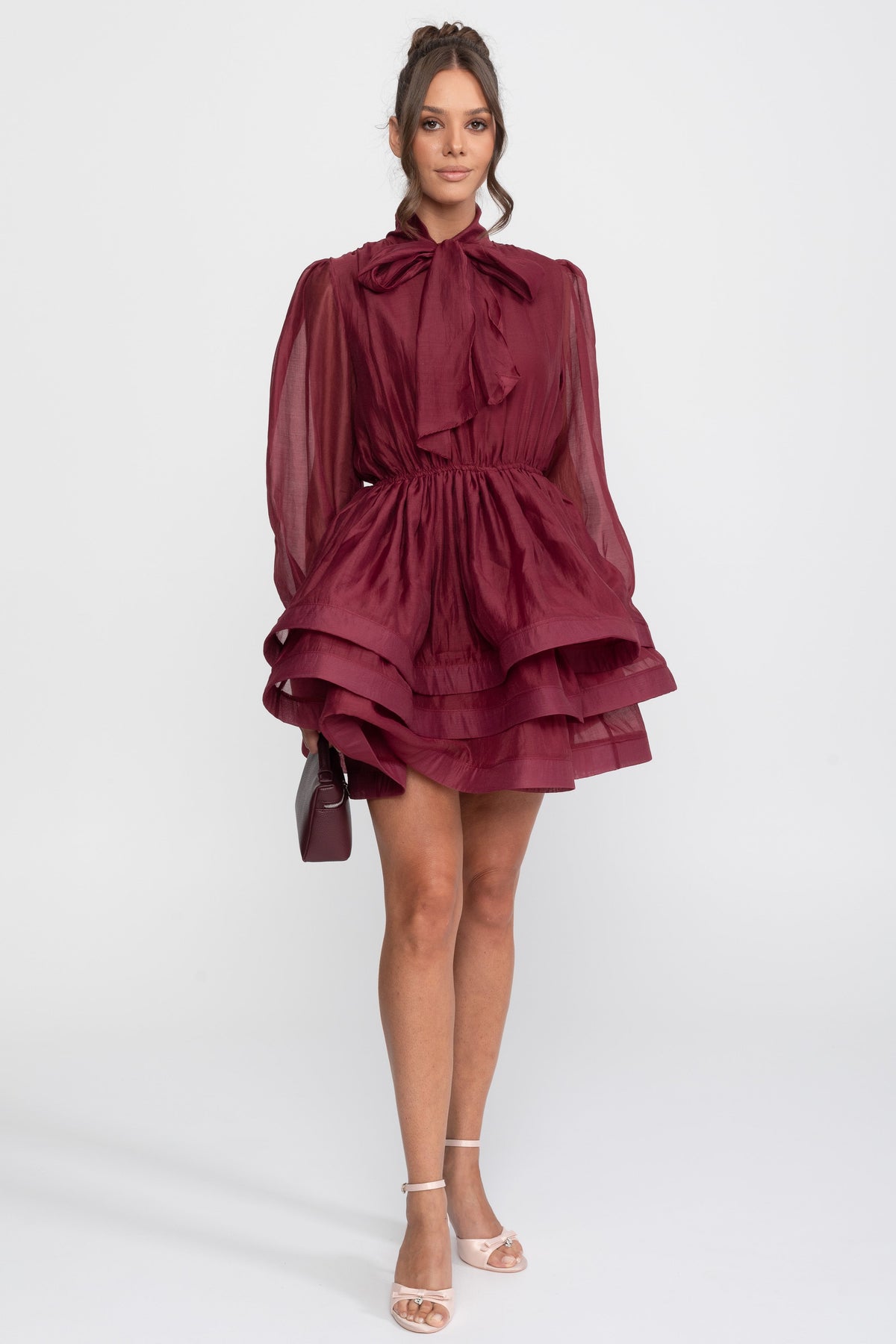 High Neck Bow Puff Sleeve Mini Dress with Tiered Ruffle Skirt – Wine – view 4
