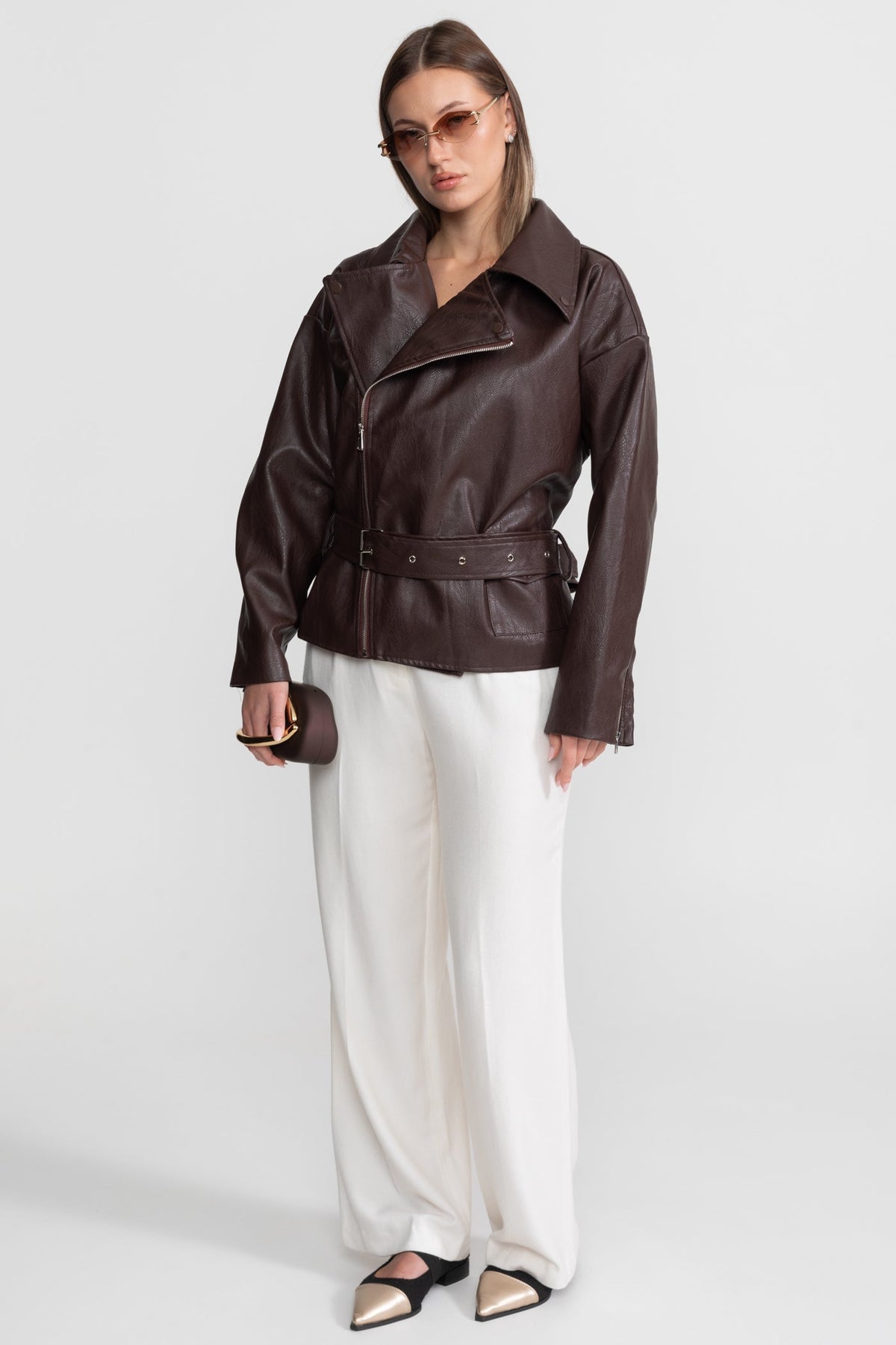 Belted Biker Jacket with Wide Notched Lapels – Chocolate Brown