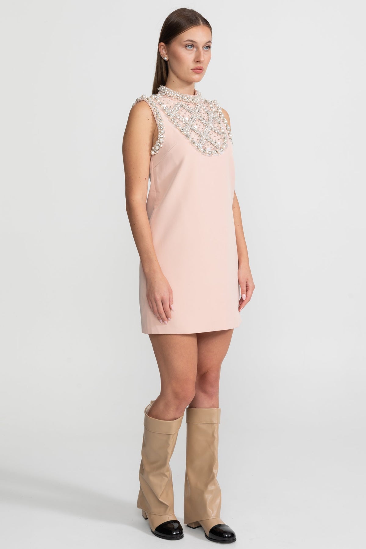 Pearl and Crystal Embellished High Neck Sleeveless Mini Dress – Blush Pink – view 5