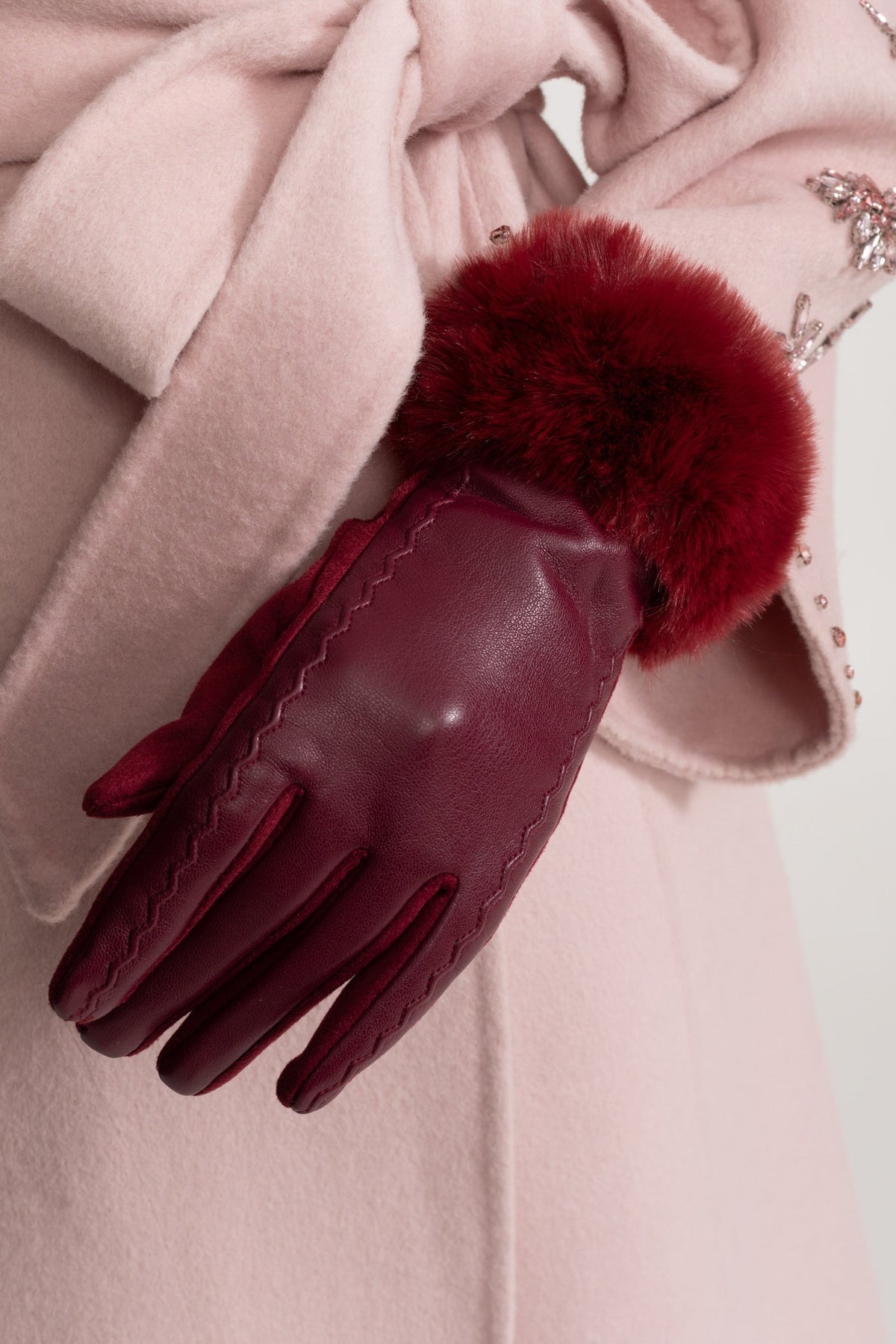 Vegan Leather Gloves with Plush Cuffs and Stitching Detail – Burgundy – view 5